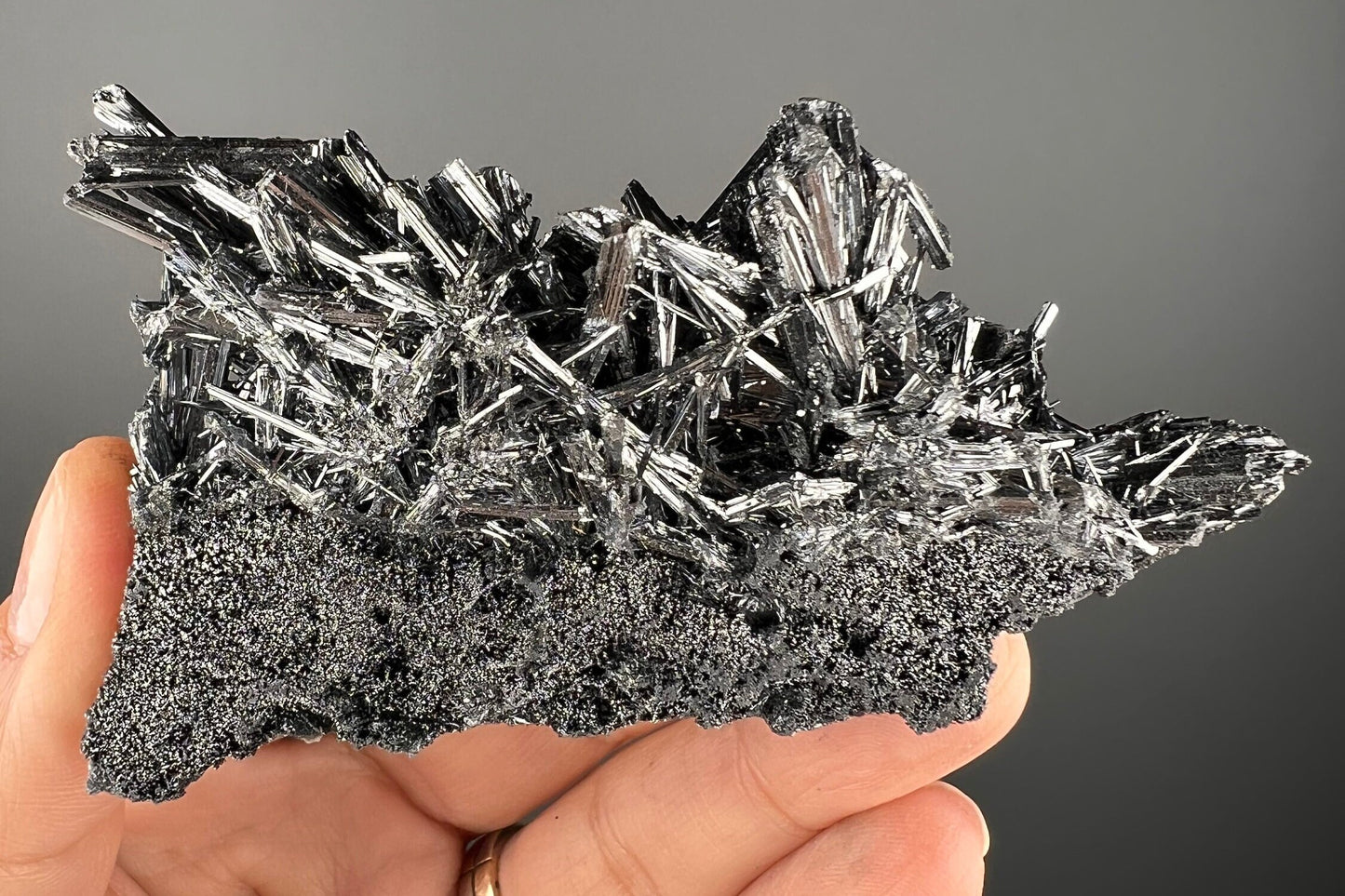 Silvery Stibnite Crystals with MirrorLike Luster, Stibnite Crystal