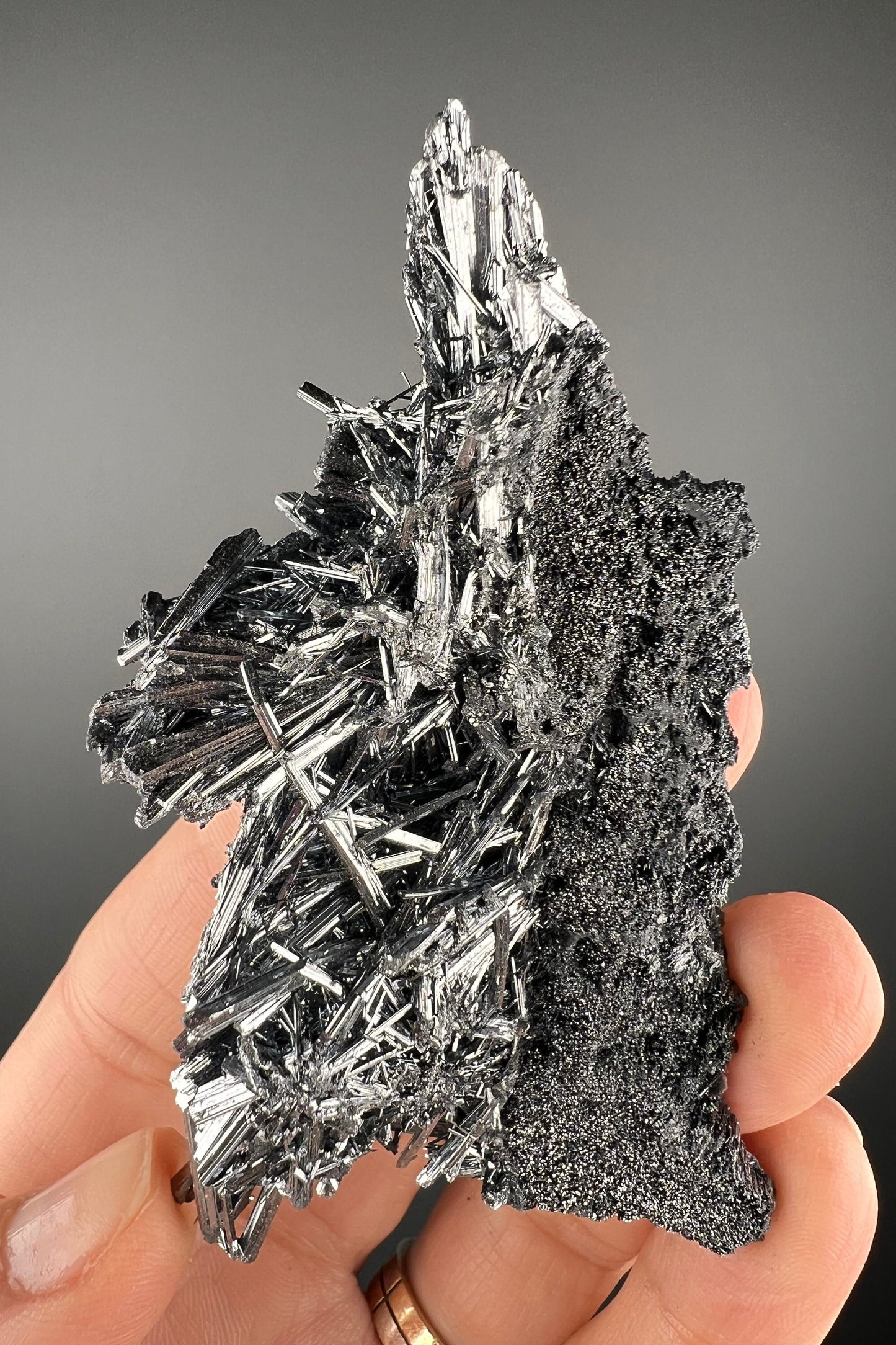 Silvery Stibnite Crystals with MirrorLike Luster, Stibnite Crystal