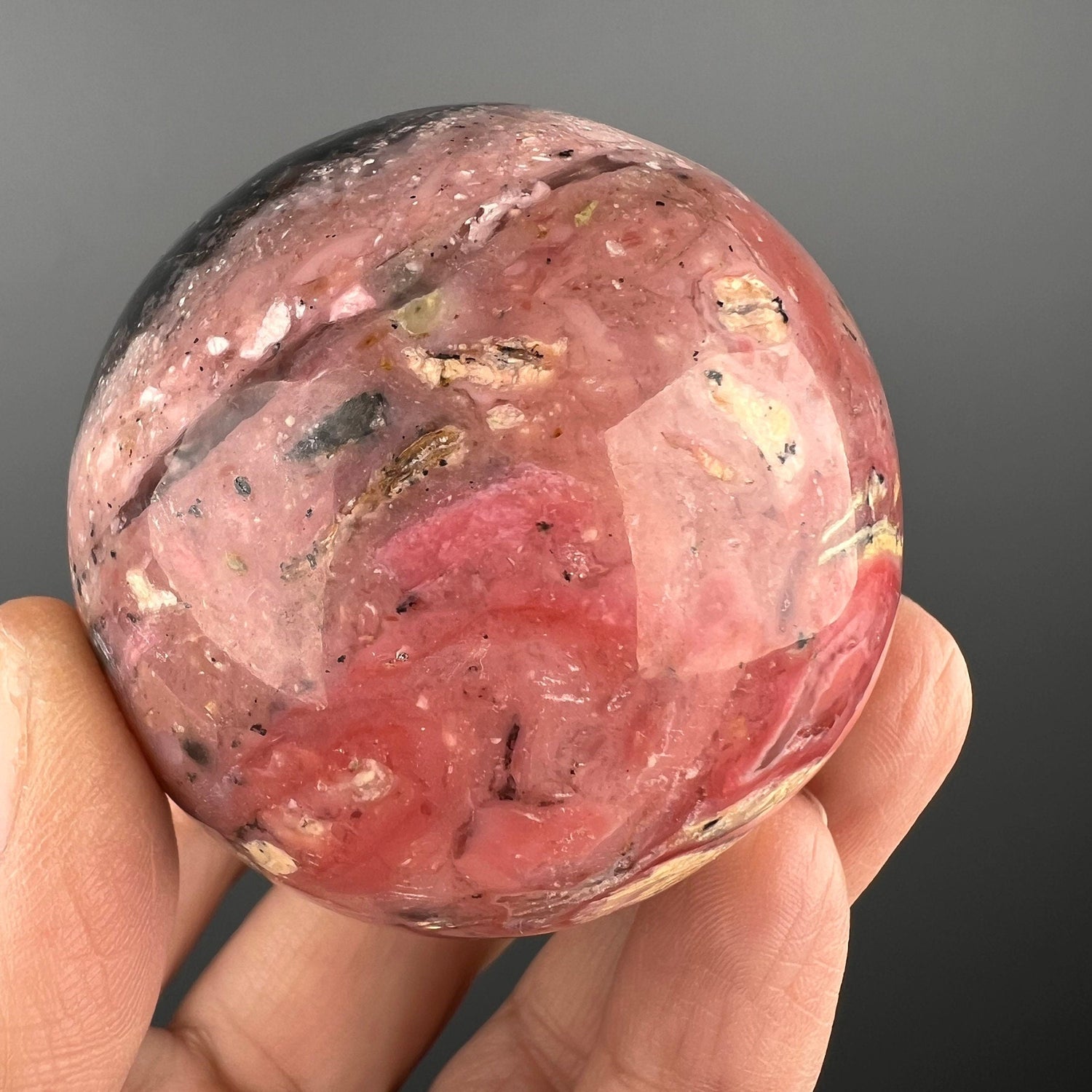 Amazing Color! Strawberry Opal Crystal Sphere from Peru, Dendritic Pink Opal Sphere