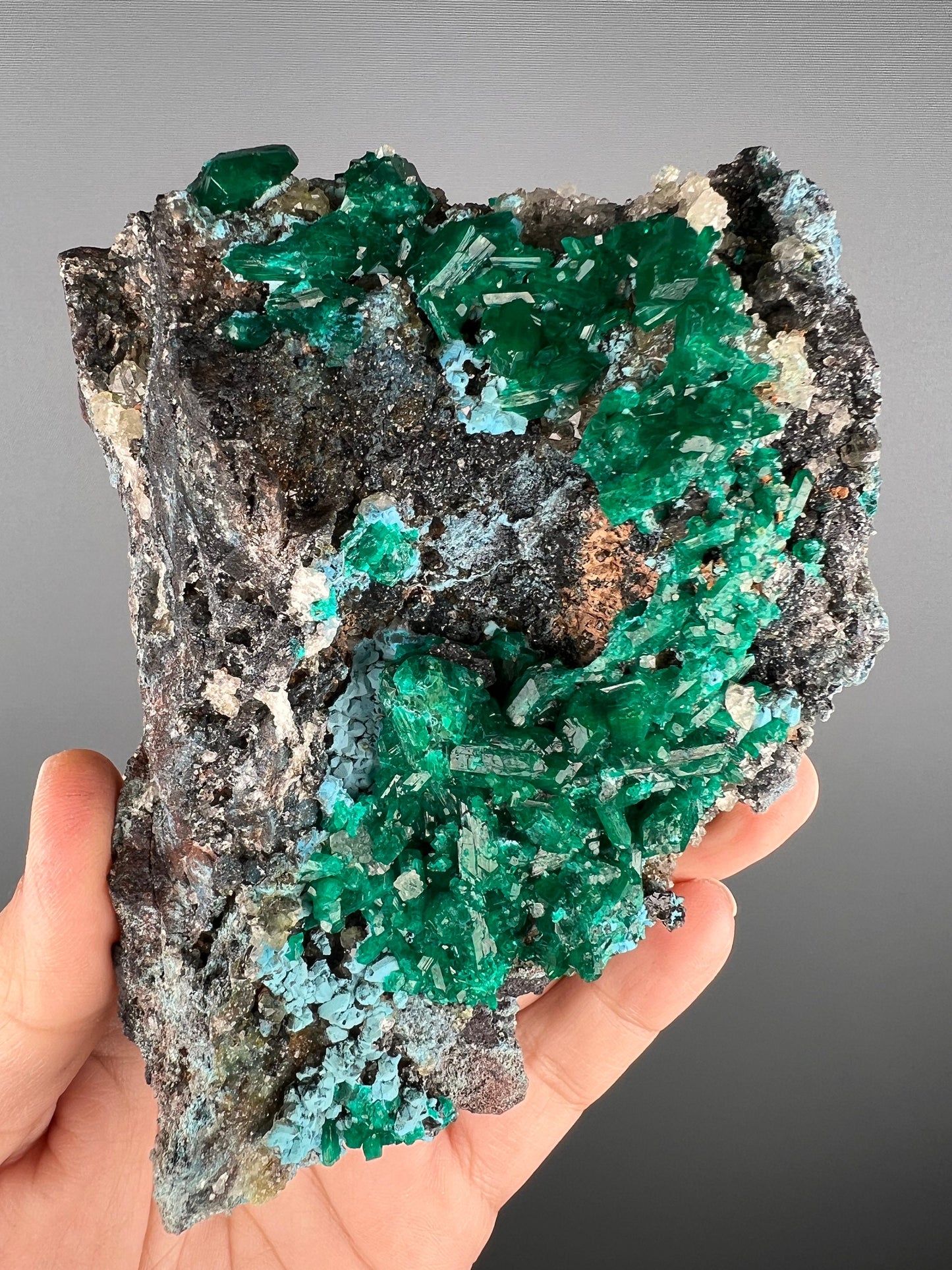 Stunning! Emerald Green Dioptase with Blue Shattuckite Spray and Calcite Mineral Specimen