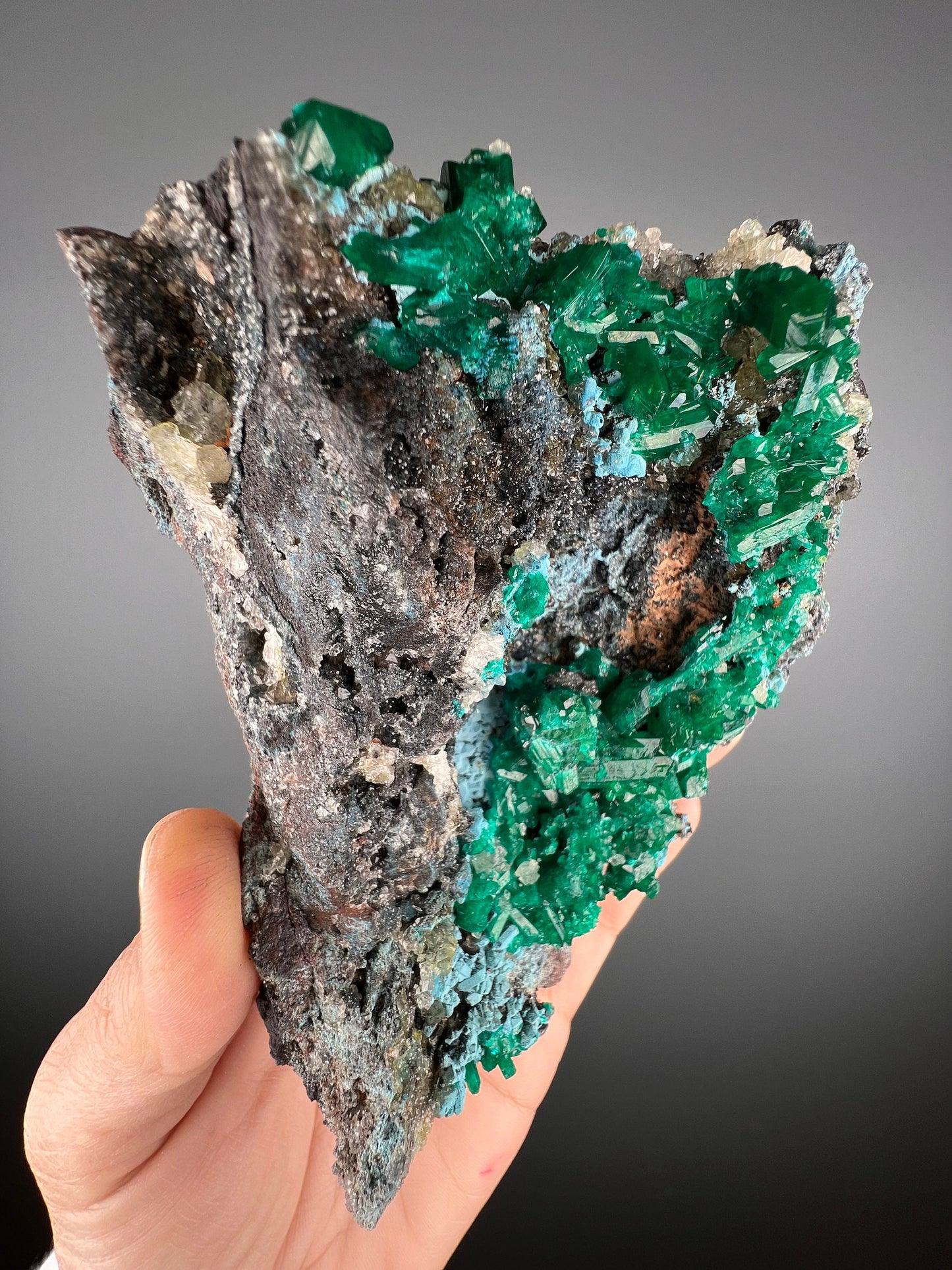 Stunning! Emerald Green Dioptase with Blue Shattuckite Spray and Calcite Mineral Specimen