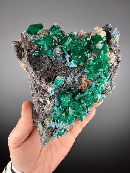 Stunning! Emerald Green Dioptase with Blue Shattuckite Spray and Calcite Mineral Specimen