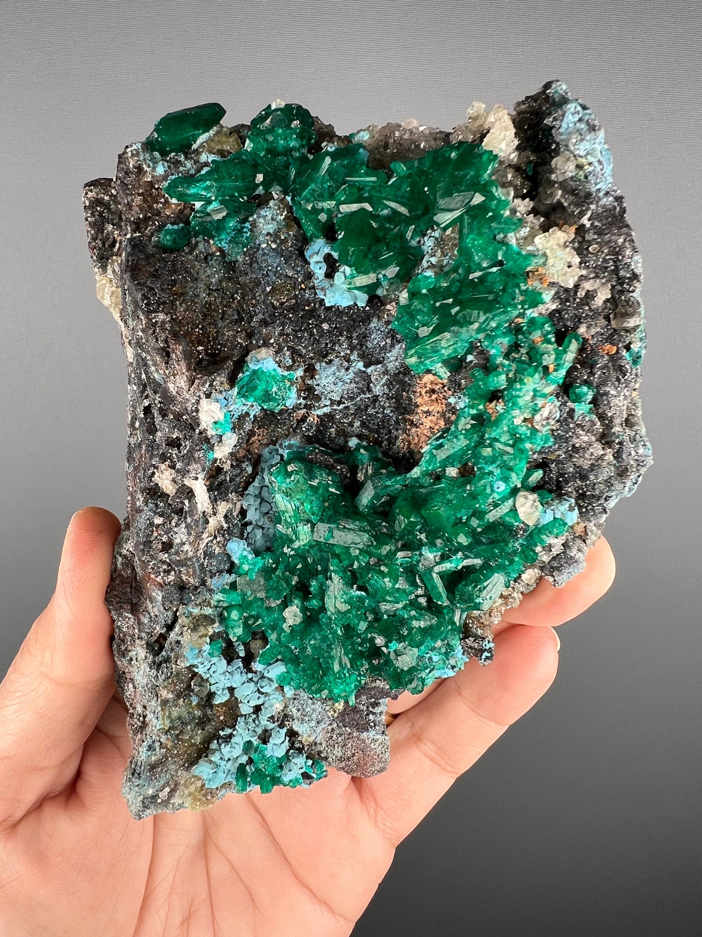 Stunning! Emerald Green Dioptase with Blue Shattuckite Spray and Calcite Mineral Specimen