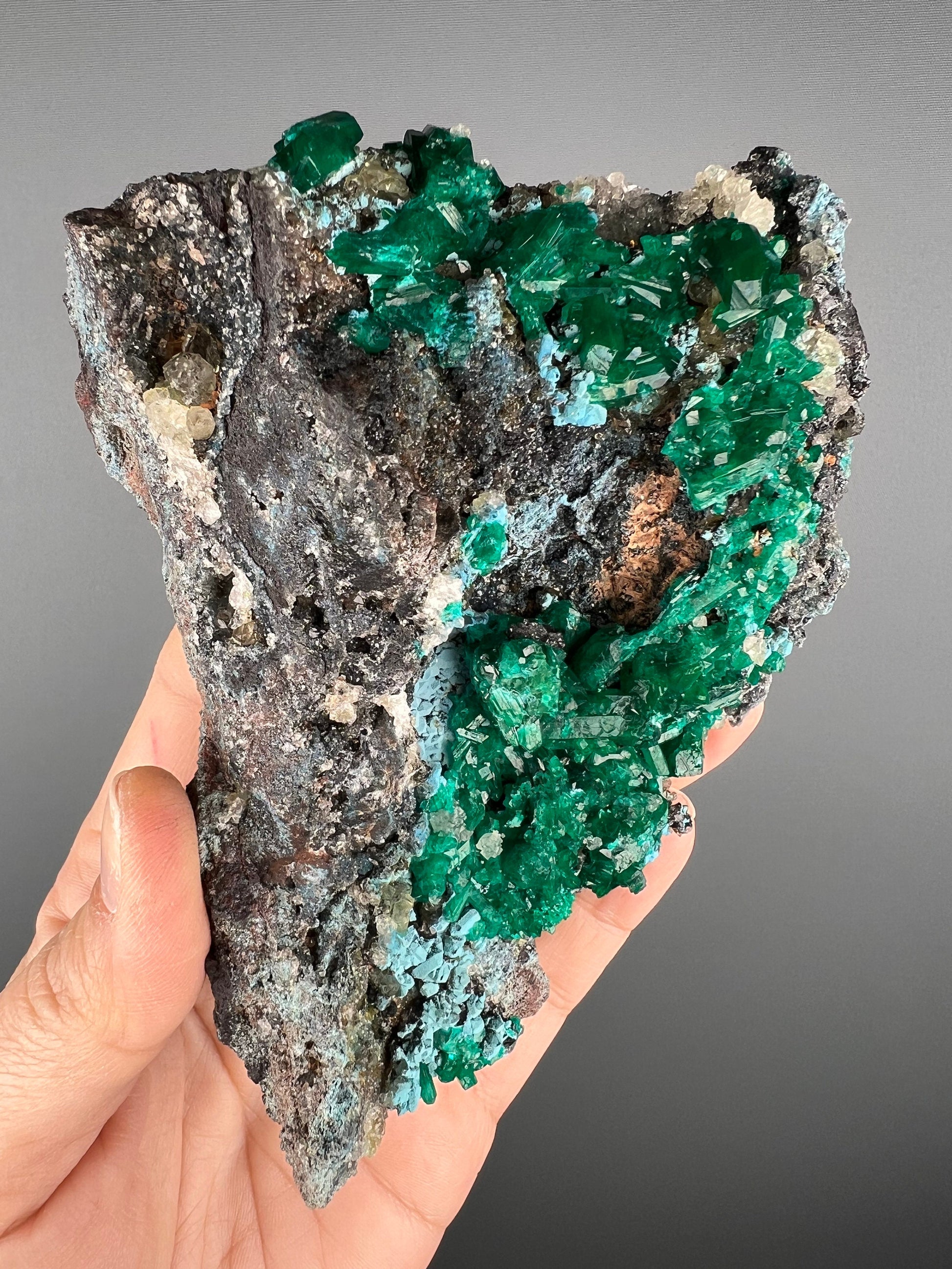 Stunning! Emerald Green Dioptase with Blue Shattuckite Spray and Calcite Mineral Specimen