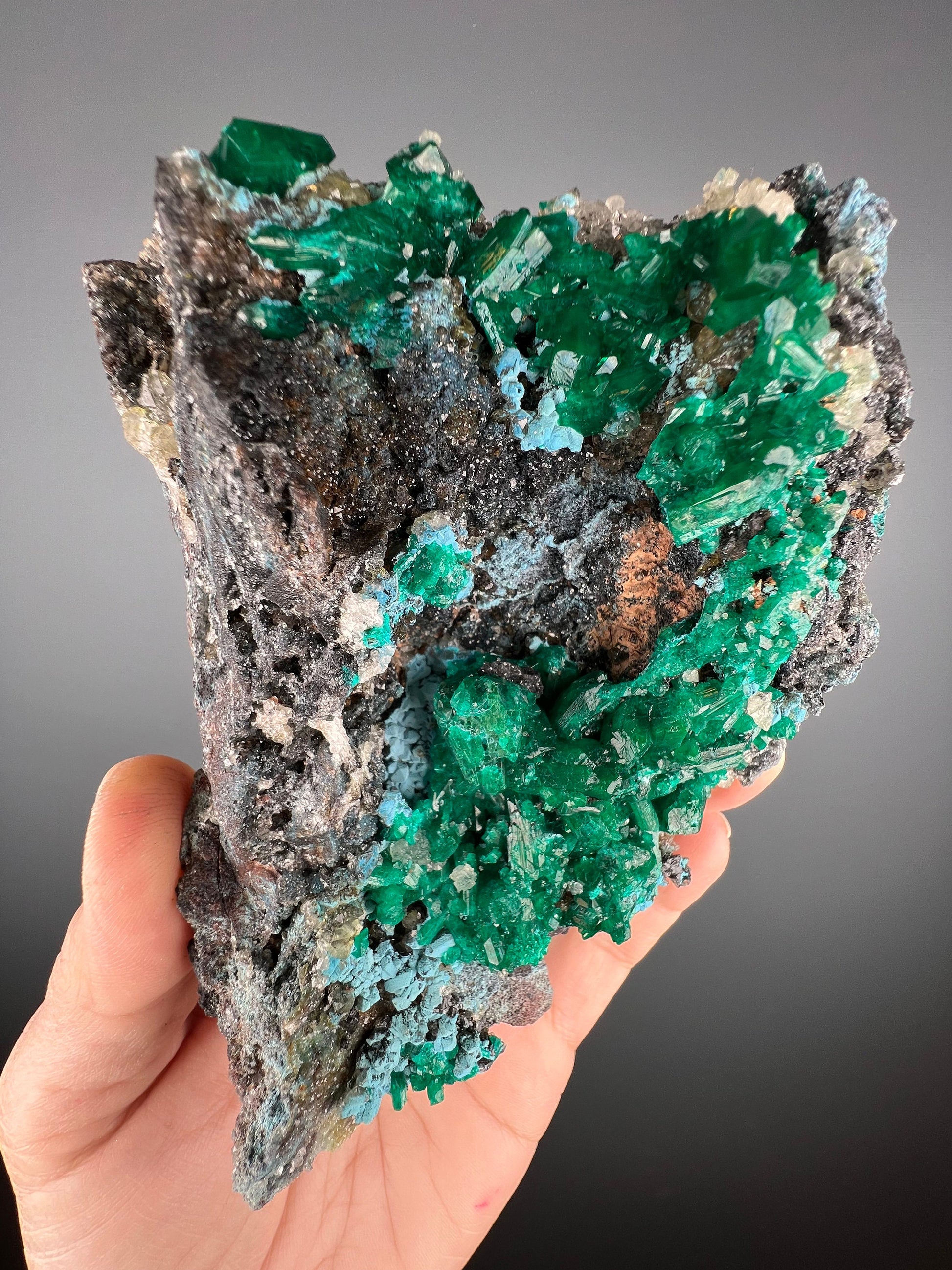 Stunning! Emerald Green Dioptase with Blue Shattuckite Spray and Calcite Mineral Specimen