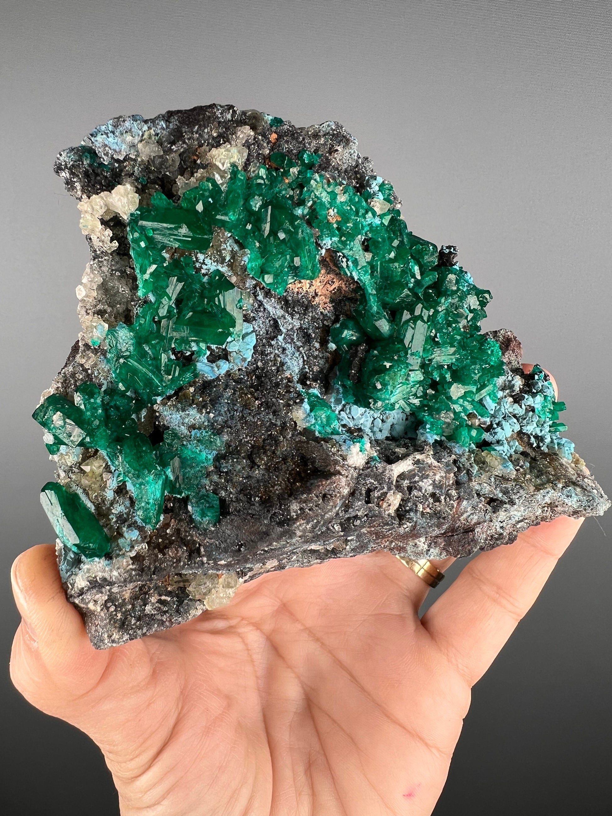 Stunning! Emerald Green Dioptase with Blue Shattuckite Spray and Calcite Mineral Specimen