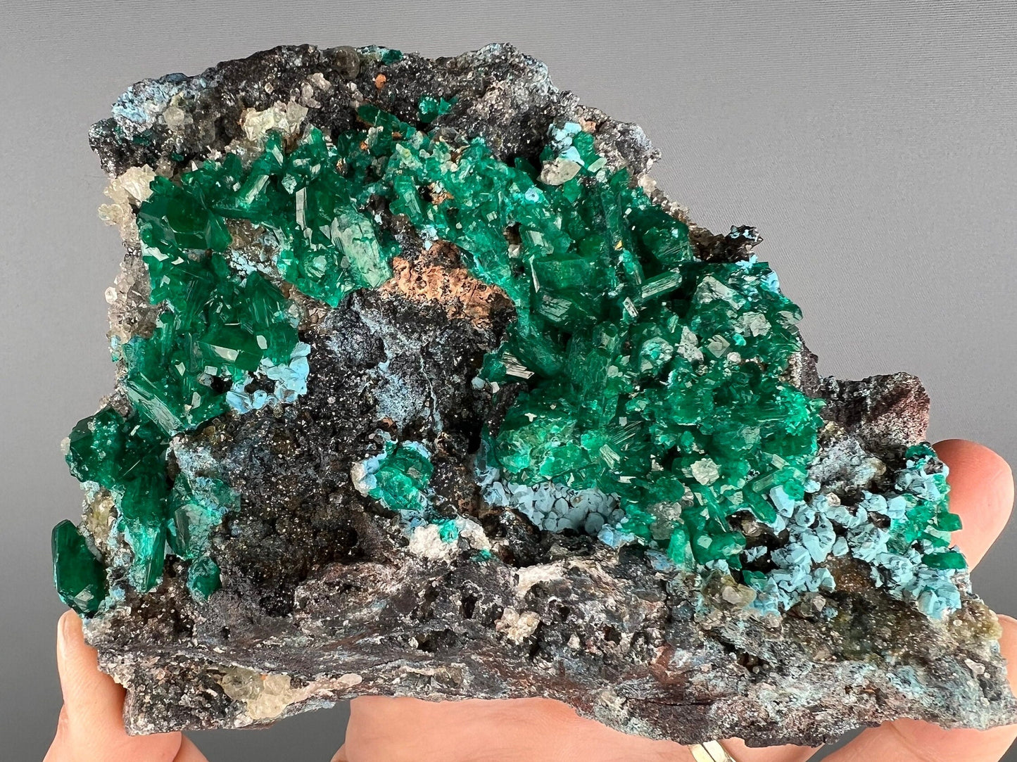 Stunning! Emerald Green Dioptase with Blue Shattuckite Spray and Calcite Mineral Specimen