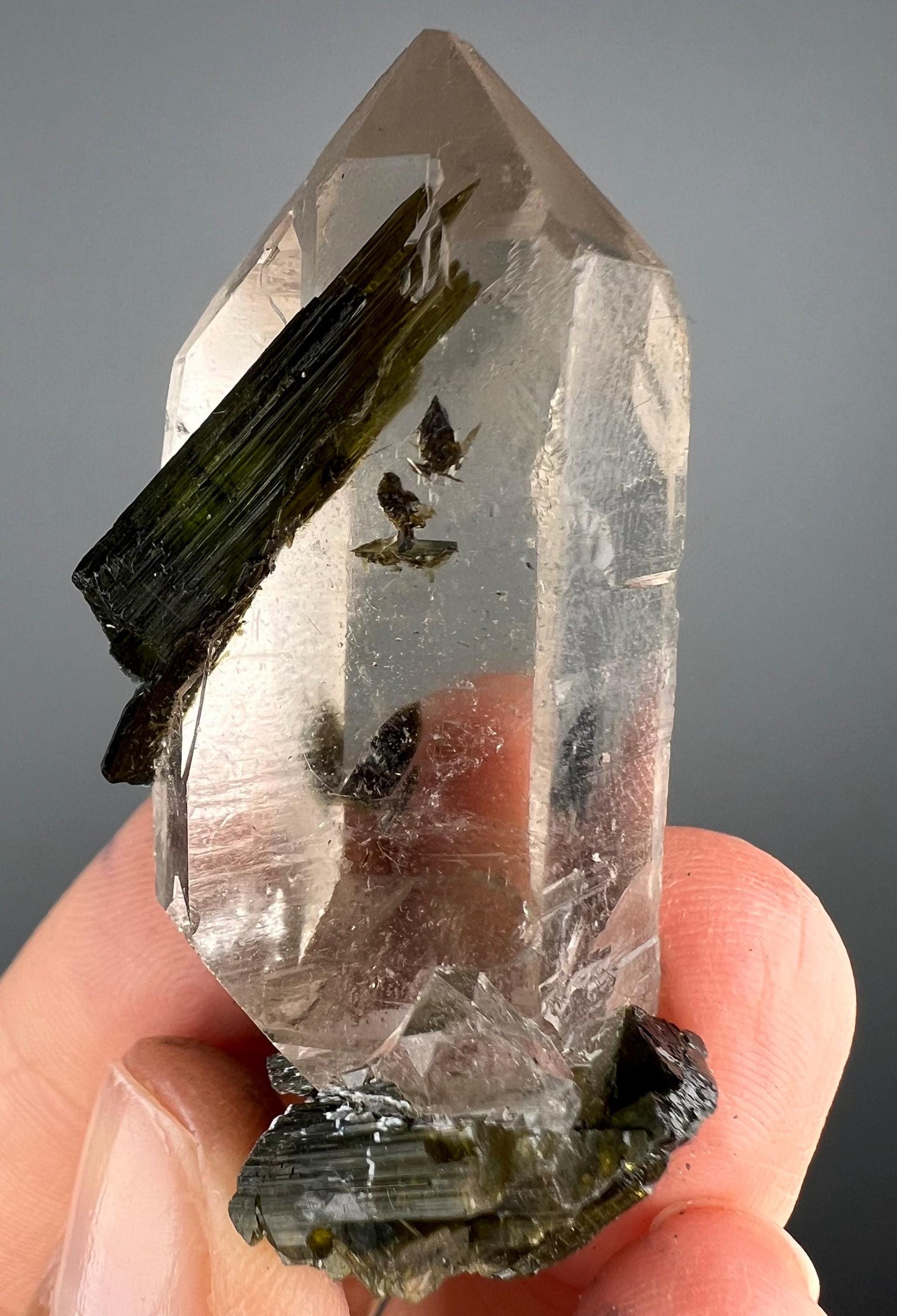 Green Tourmaline On Crystal Quartz Specimen