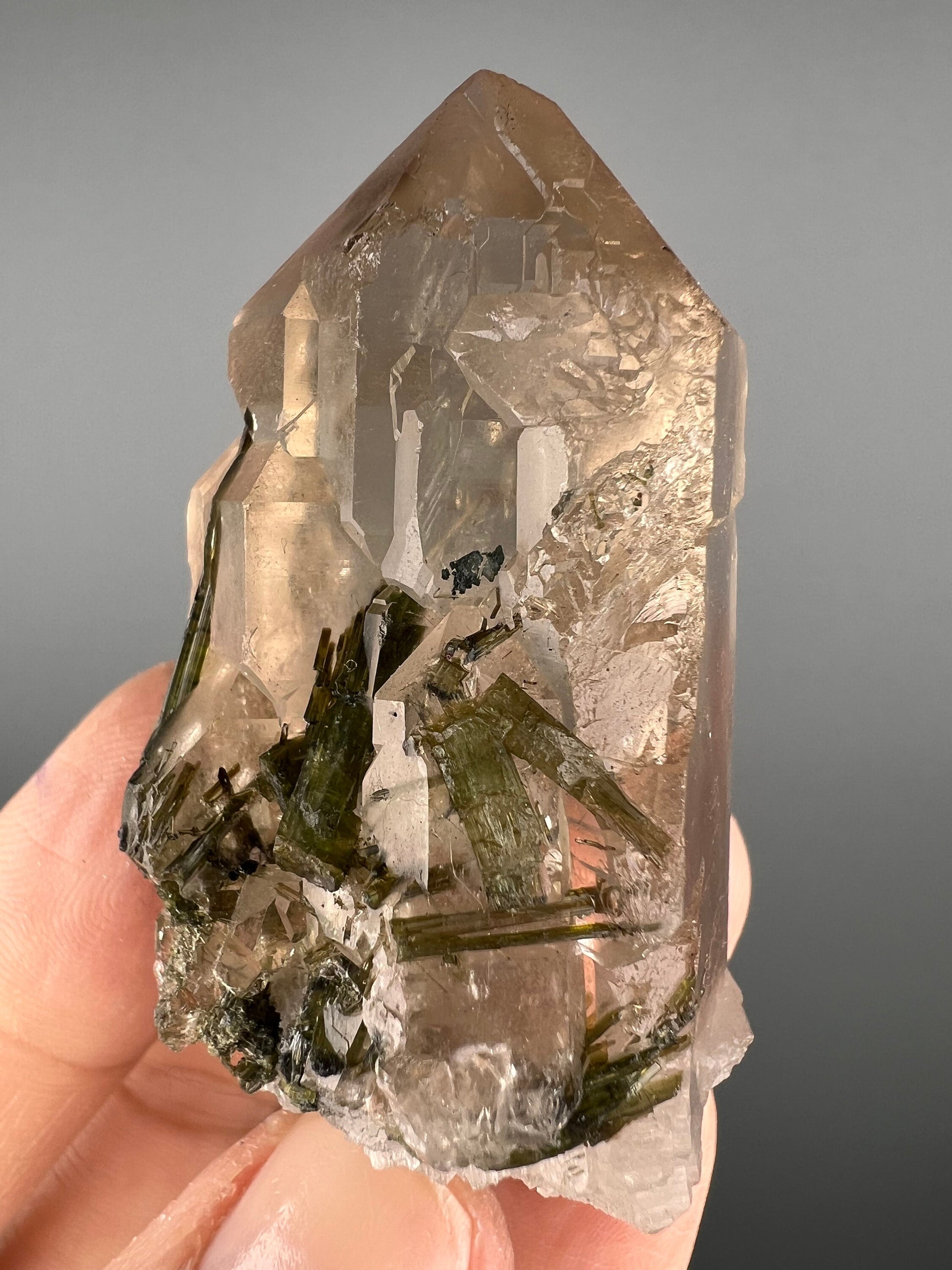 Fantastic!Green Tourmaline On Crystal Quartz Specimen