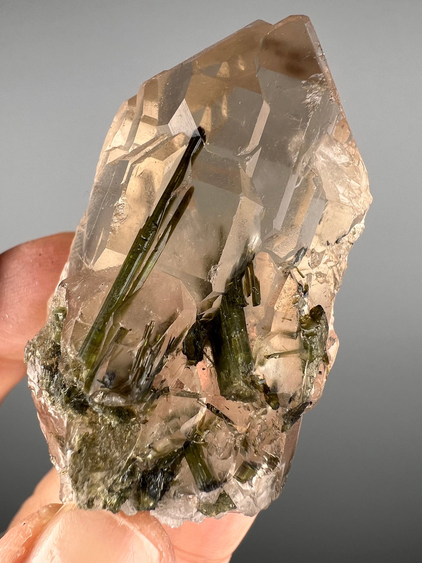 Fantastic!Green Tourmaline On Crystal Quartz Specimen