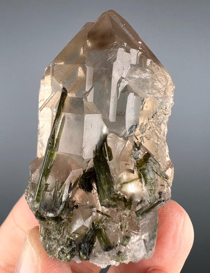 Fantastic!Green Tourmaline On Crystal Quartz Specimen