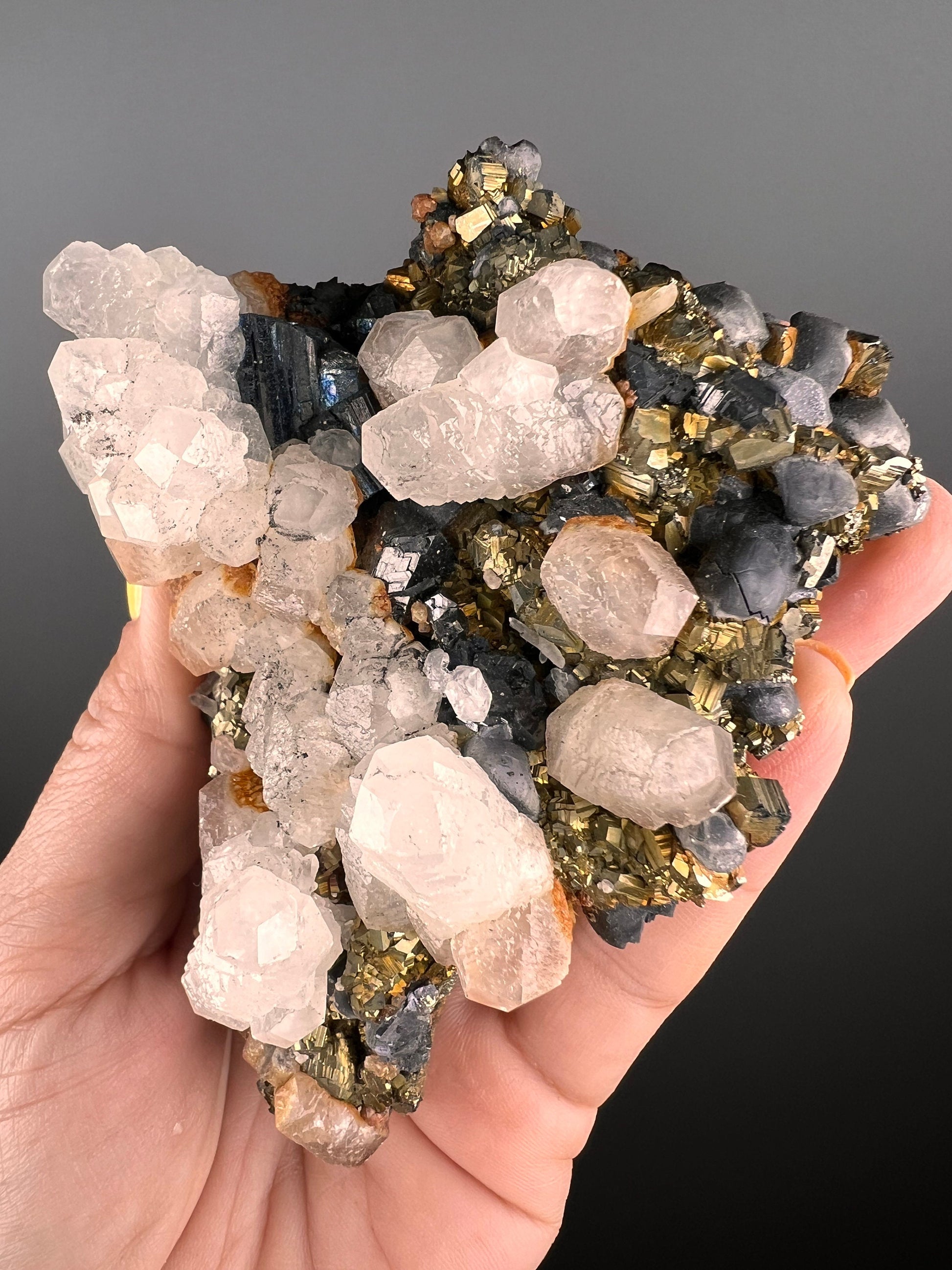 Amazing!! Chalcopyrite on UV Mangano Calcite From Kosovo