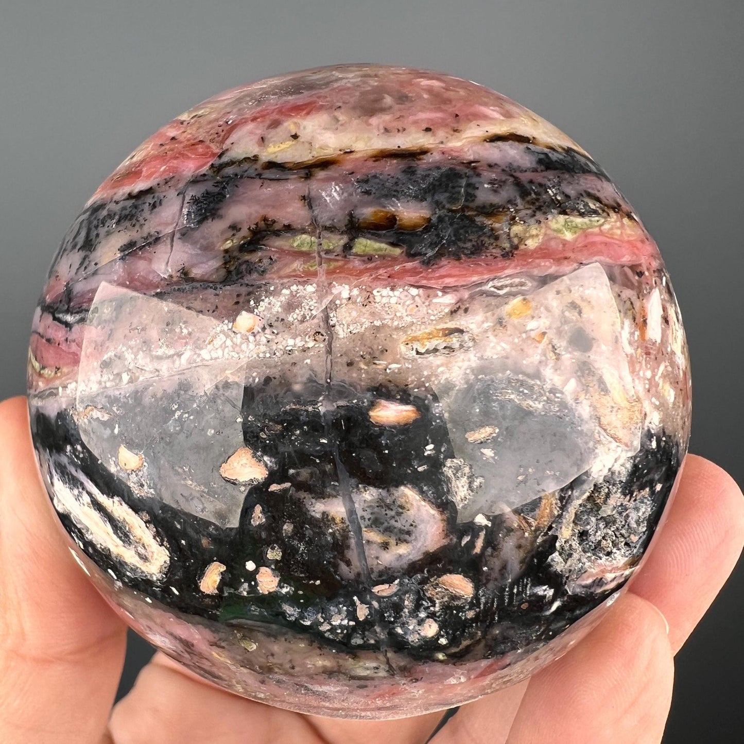 Amazing Color! Strawberry Opal Crystal Sphere from Peru, Dendritic Pink Opal Sphere- 71 MM