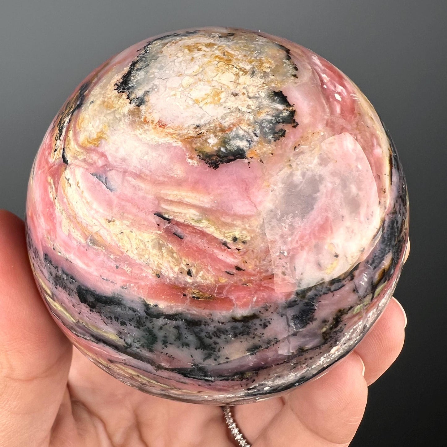 Amazing Color! Strawberry Opal Crystal Sphere from Peru, Dendritic Pink Opal Sphere- 71 MM