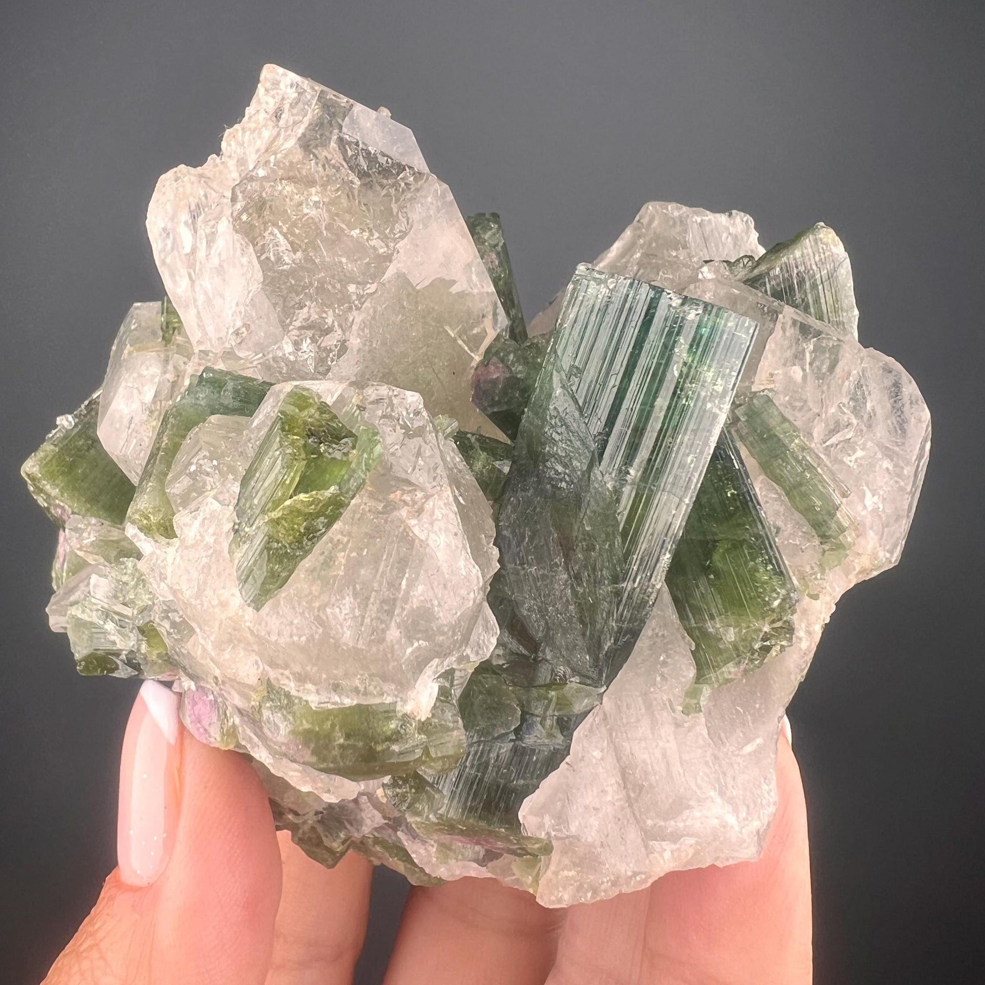 Green Tourmaline on Lepidolite Crystal Specimen