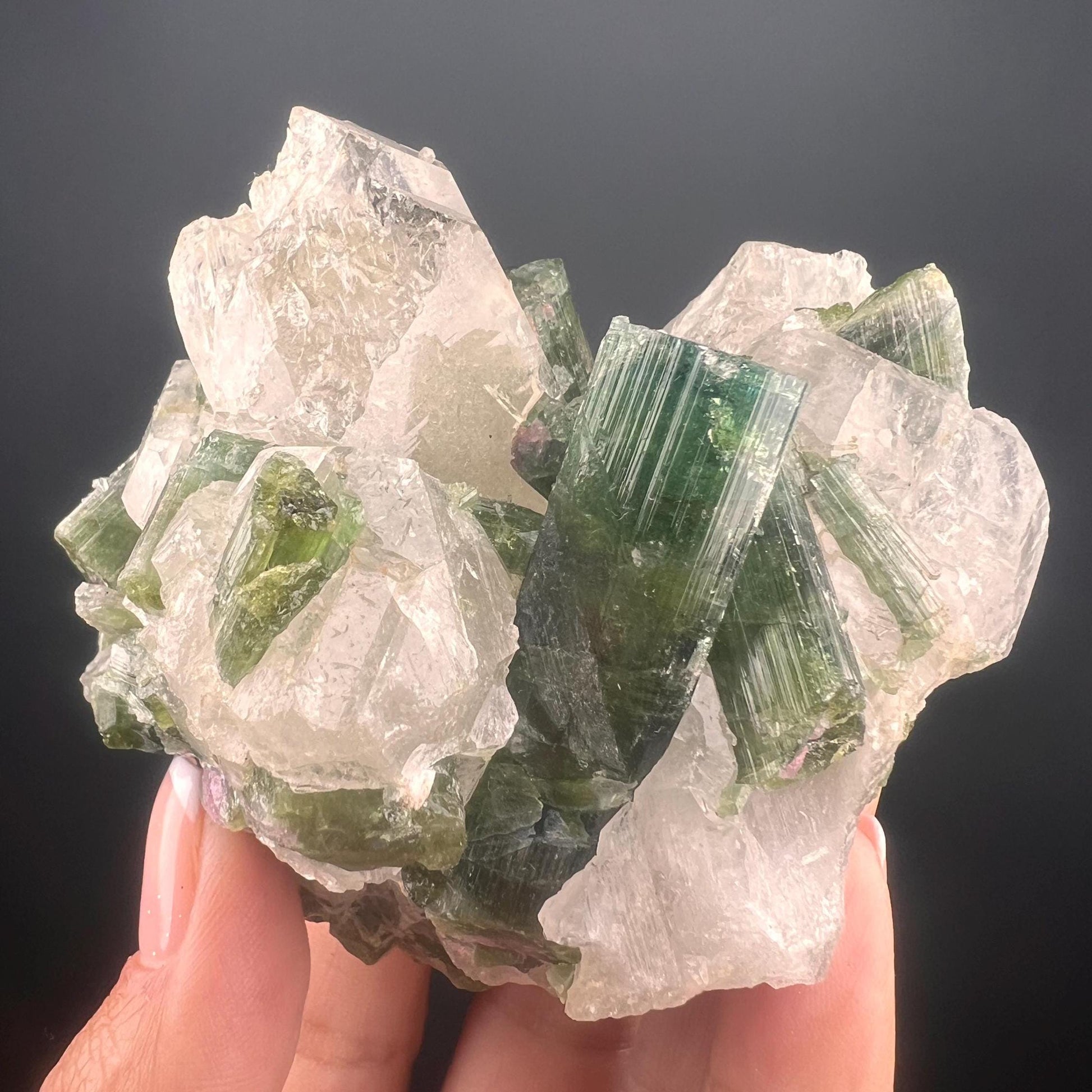 Green Tourmaline on Lepidolite Crystal Specimen