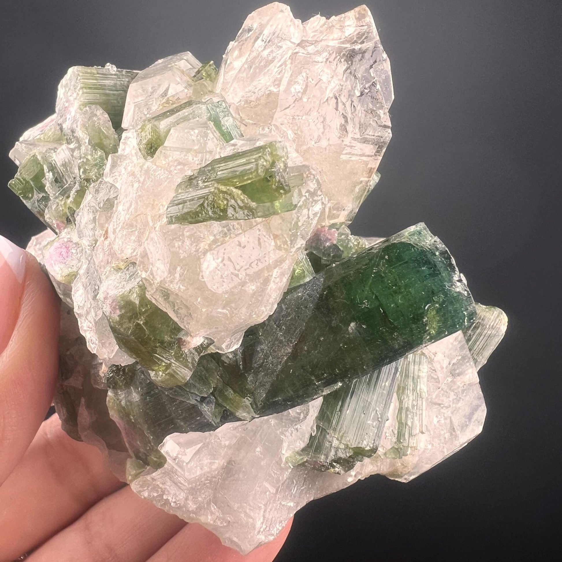 Green Tourmaline on Lepidolite Crystal Specimen