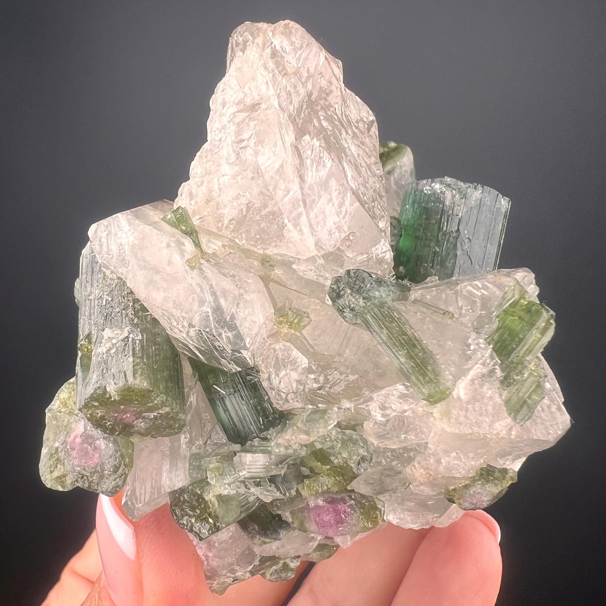 Green Tourmaline on Lepidolite Crystal Specimen