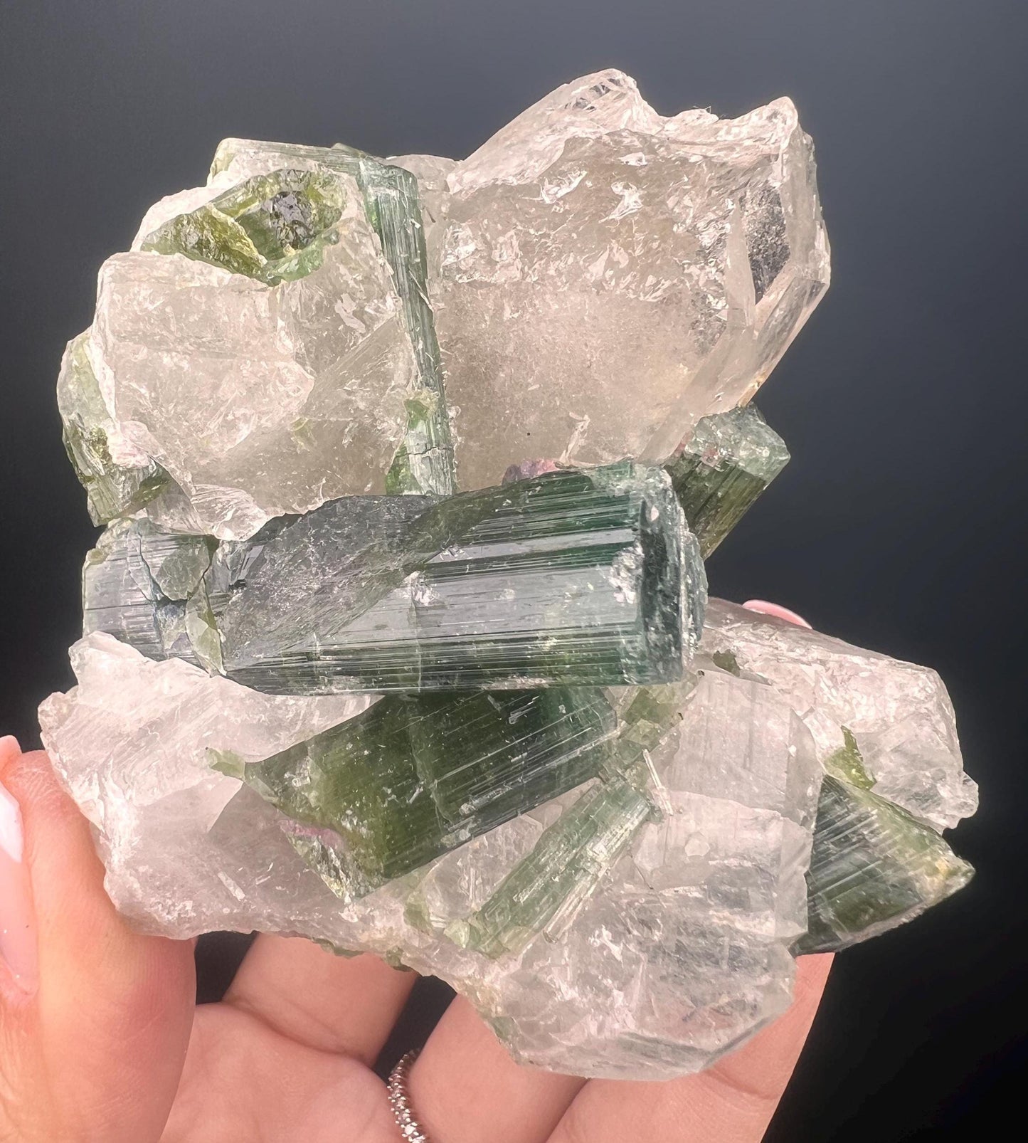 Green Tourmaline on Lepidolite Crystal Specimen