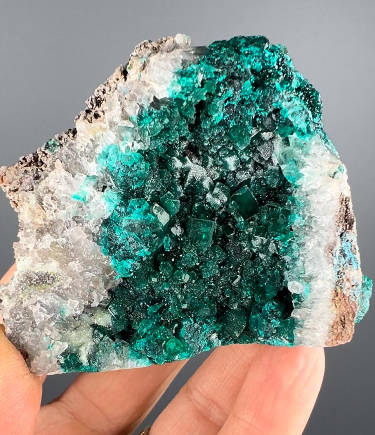 Sugar Crystallization on Emerald Green Dioptase