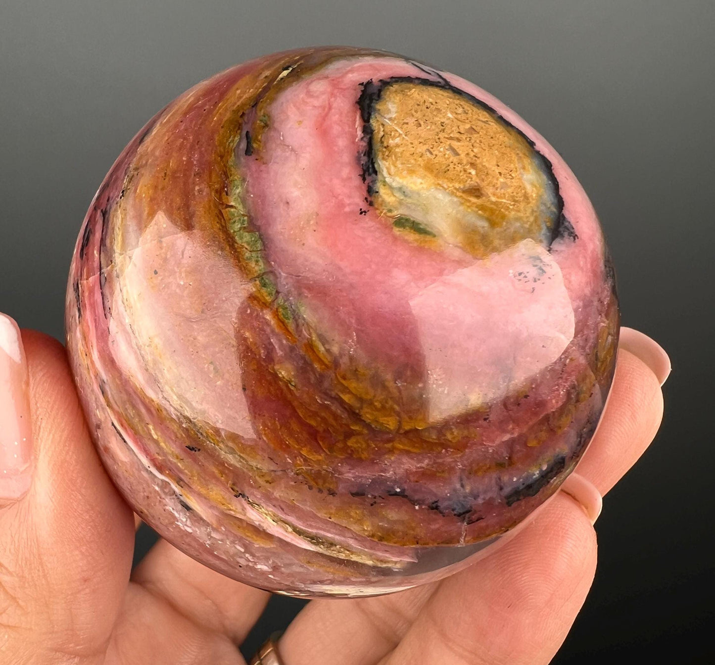 Amazing Color! Strawberry Opal Crystal Sphere from Peru, Dendritic Pink Opal Sphere- 71 MM