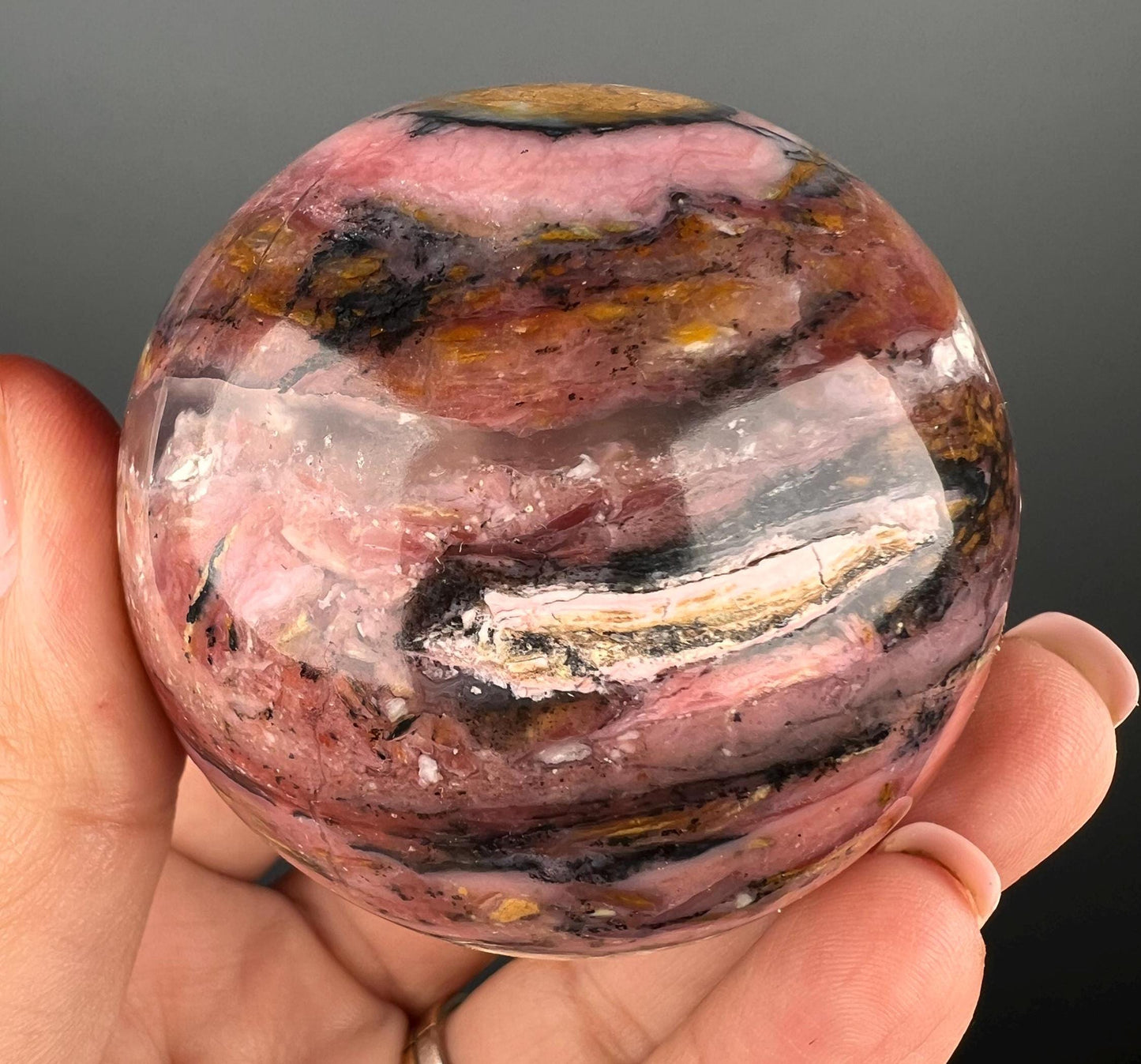 Amazing Color! Strawberry Opal Crystal Sphere from Peru, Dendritic Pink Opal Sphere- 71 MM