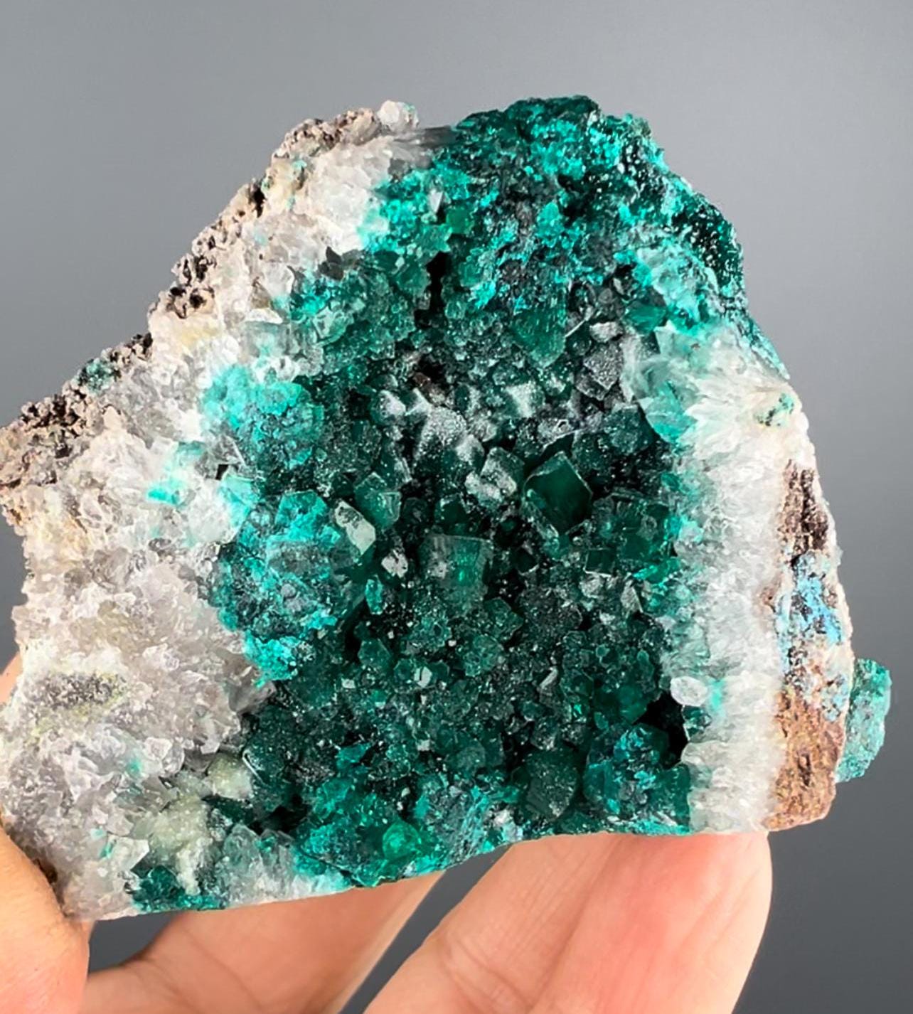 Sugar Crystallization on Emerald Green Dioptase