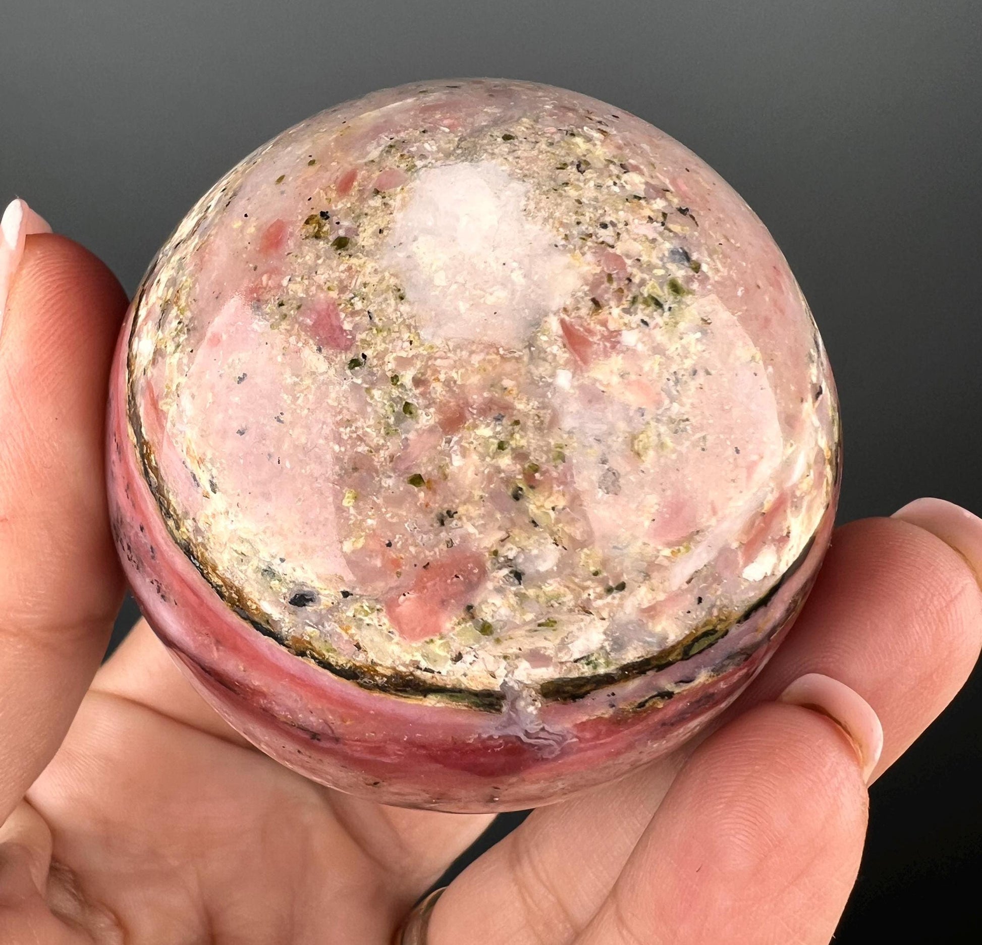 Amazing Color! Strawberry Opal Crystal Sphere from Peru, Dendritic Pink Opal Sphere- 71 MM