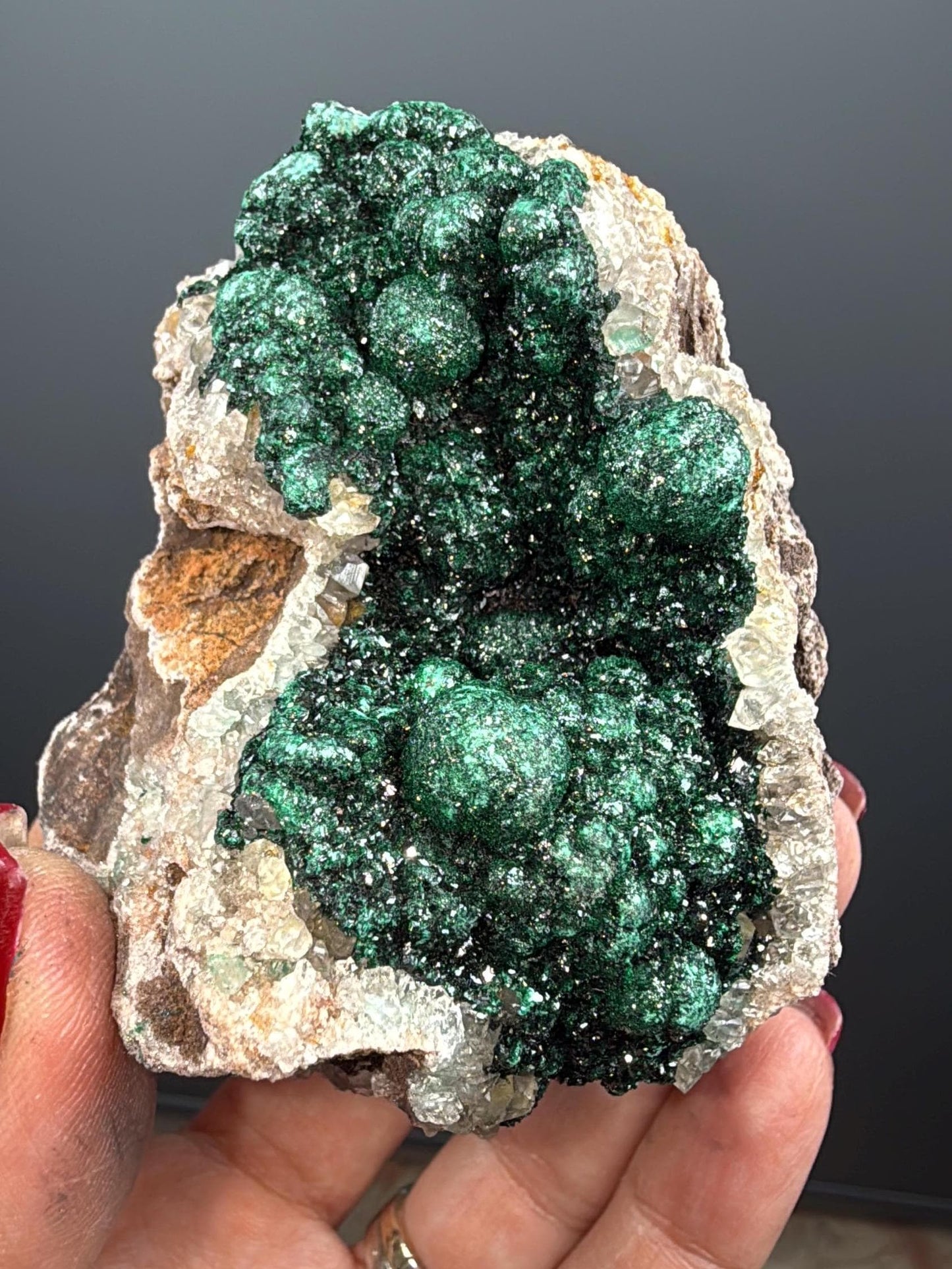 Amazing Piece ! Druzy Green Malachite Stalactites on Quartz Mineral Specimen