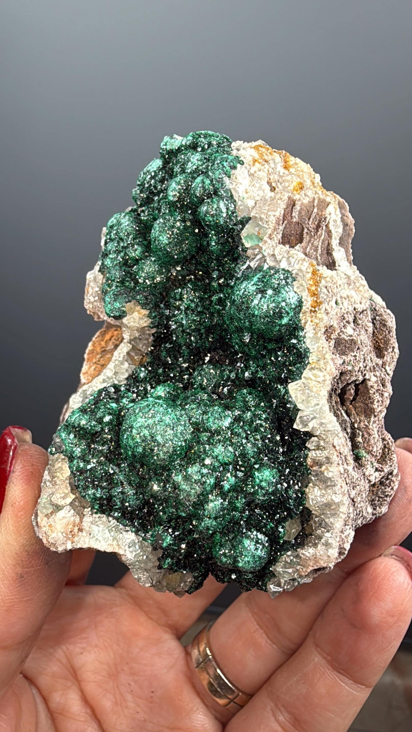 Amazing Piece ! Druzy Green Malachite Stalactites on Quartz Mineral Specimen