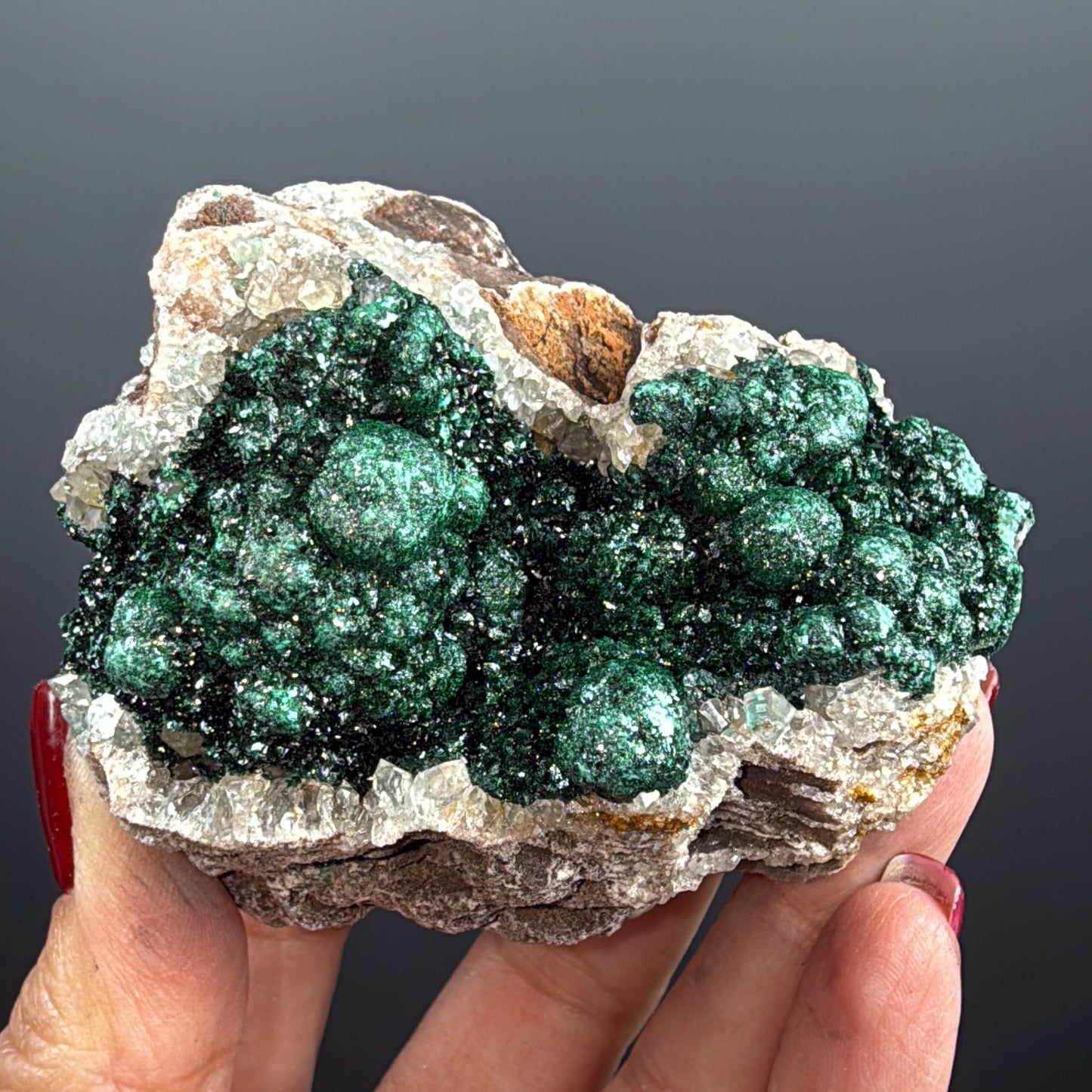 Amazing Piece ! Druzy Green Malachite Stalactites on Quartz Mineral Specimen