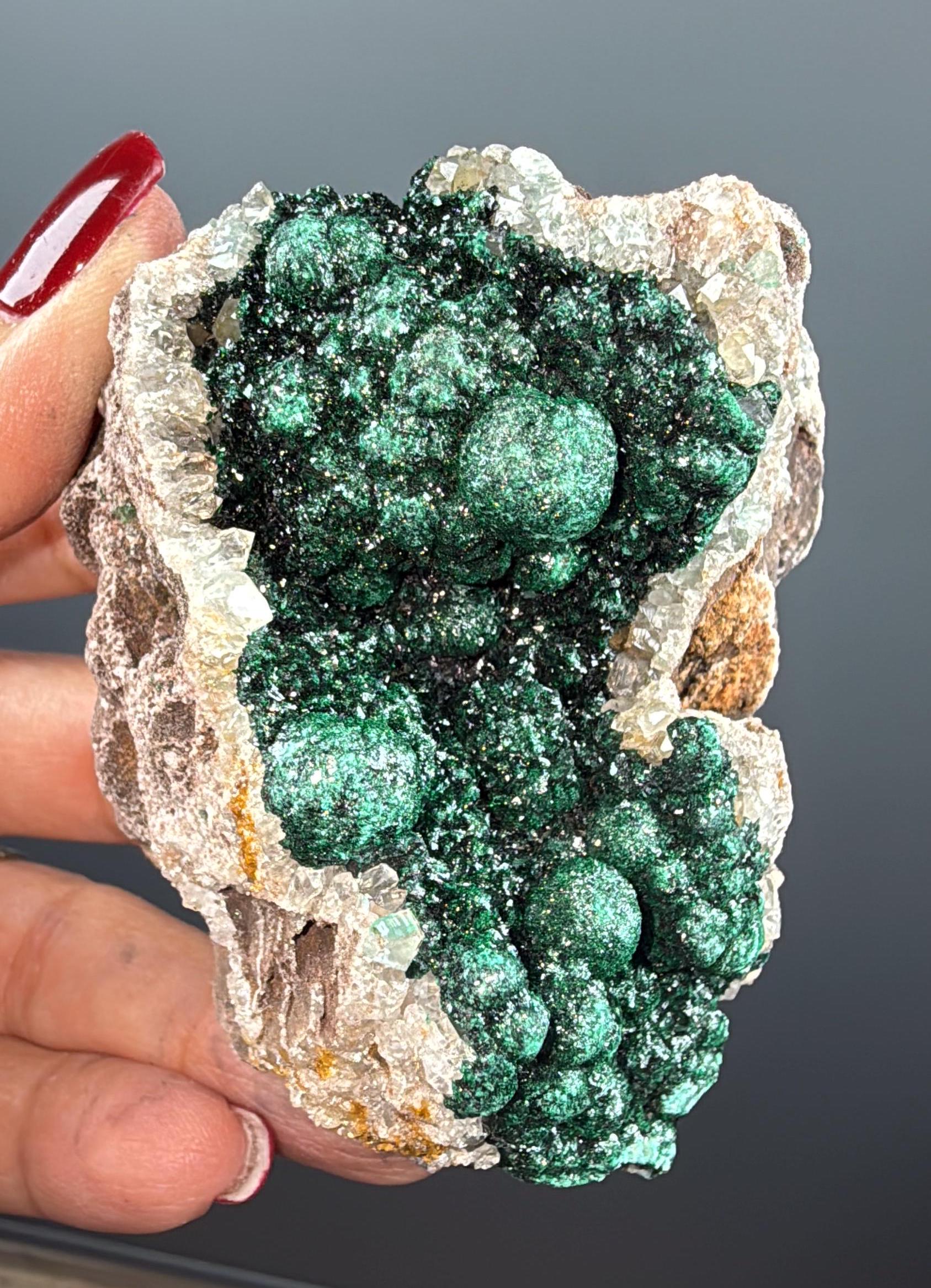 Amazing Piece ! Druzy Green Malachite Stalactites on Quartz Mineral Specimen