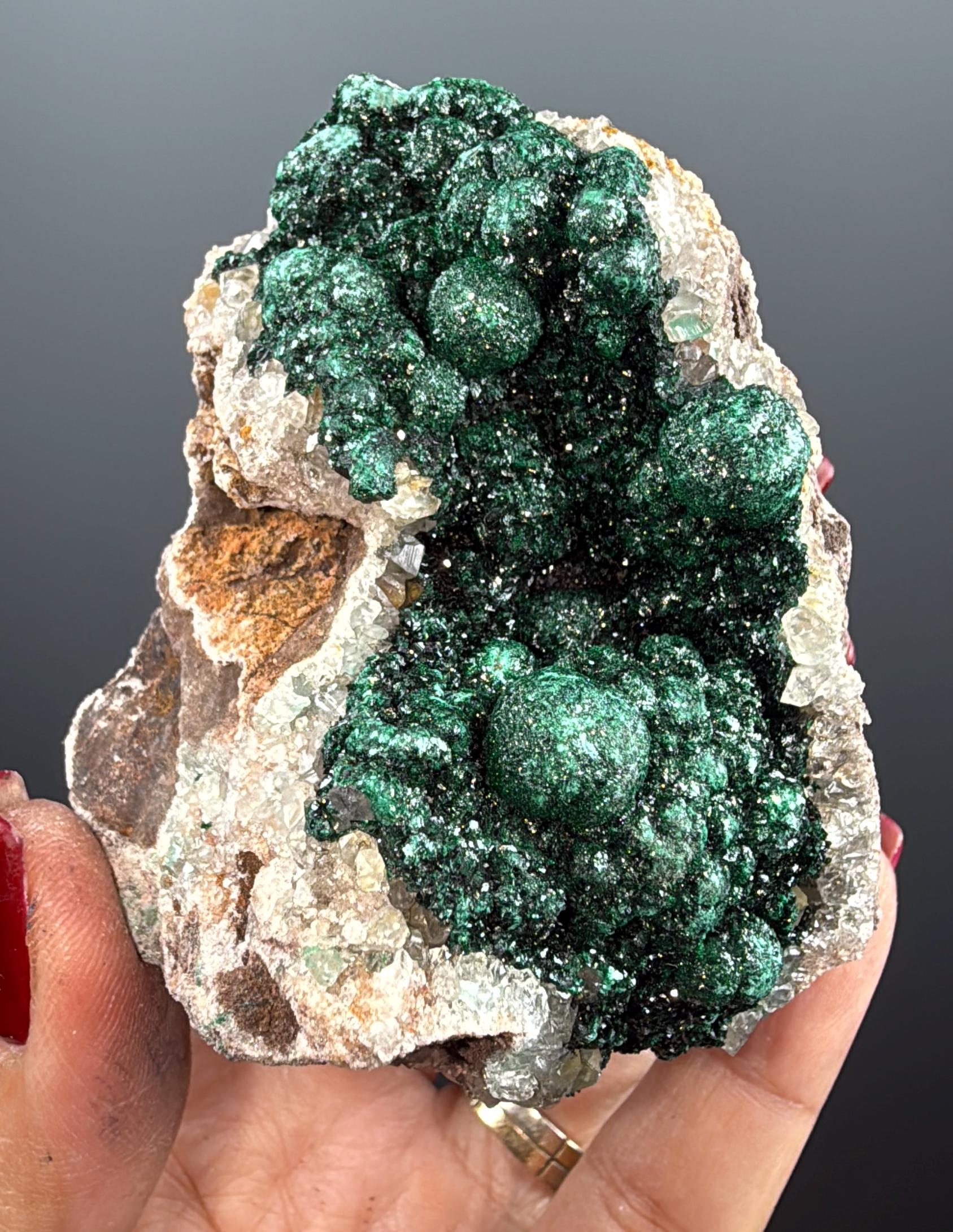 Amazing Piece ! Druzy Green Malachite Stalactites on Quartz Mineral Specimen