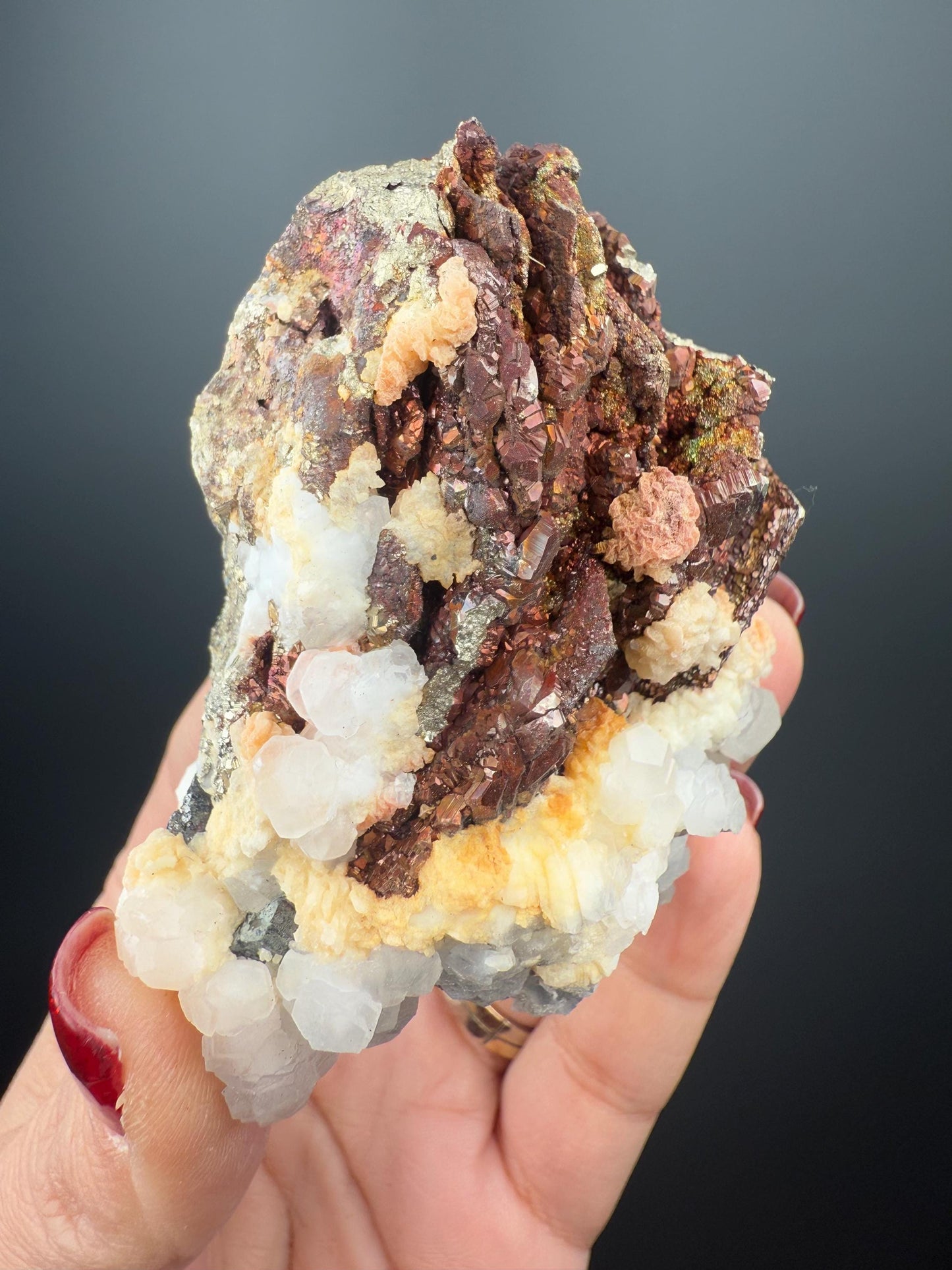 Incredible Combo! Red Pyrite, Pyrrhotite and Calcite from Kosovo