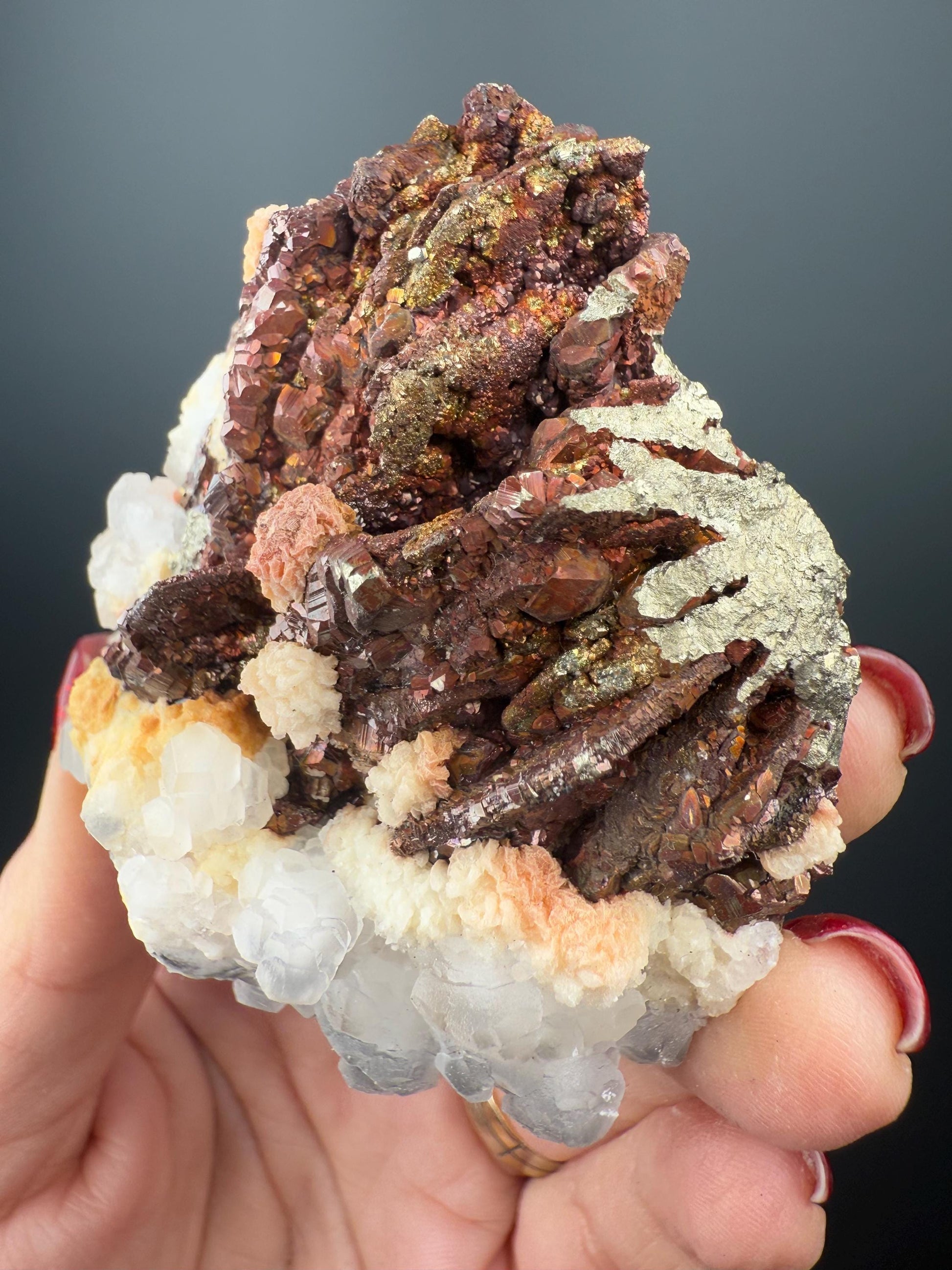 Incredible Combo! Red Pyrite, Pyrrhotite and Calcite from Kosovo