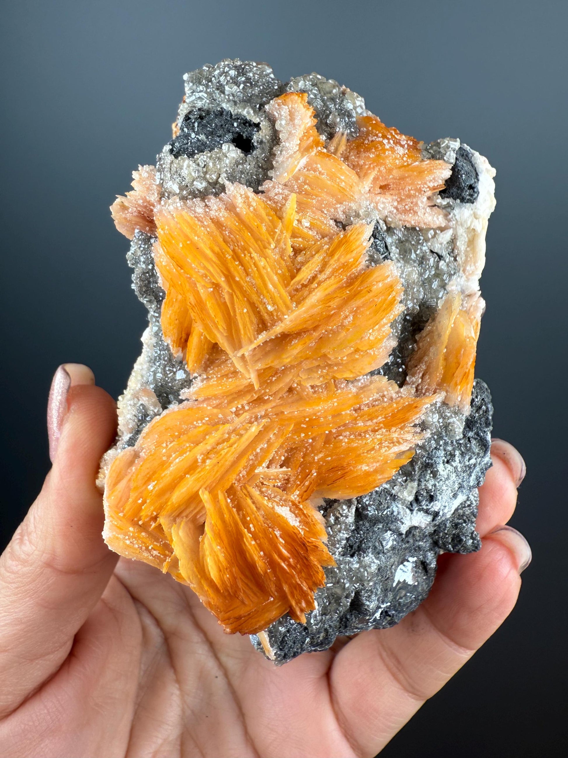 Bladed Vivid Barite with Metallic Galena and Cerrussite Crystal Specimen