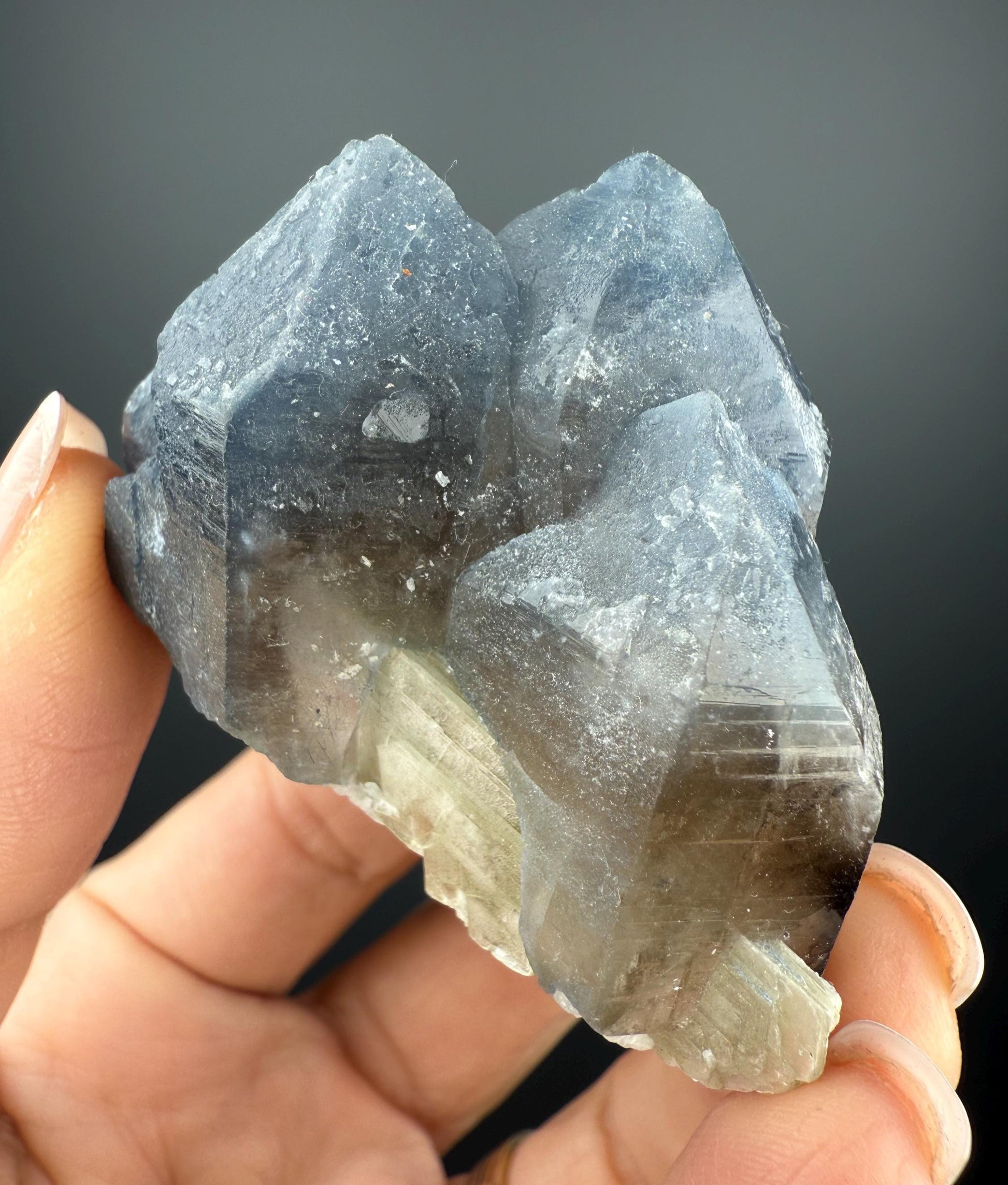 Indicolite Blue Quartz with White Cleavelandite Albite on Smoky Quartz