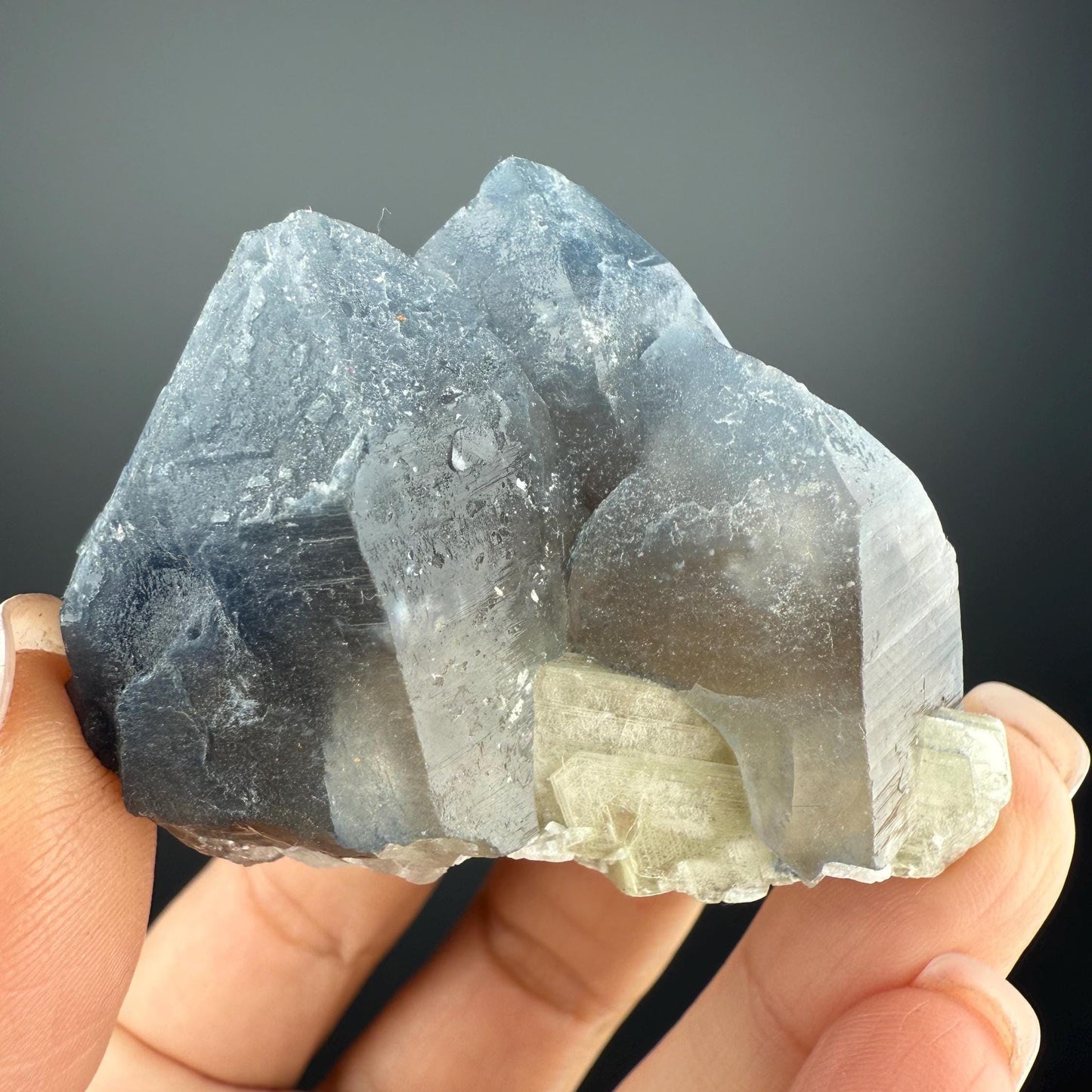 Indicolite Blue Quartz with White Cleavelandite Albite on Smoky Quartz