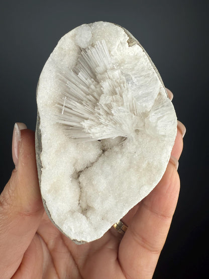 White Scolecite Spray in Snow Chalcedony Specimen