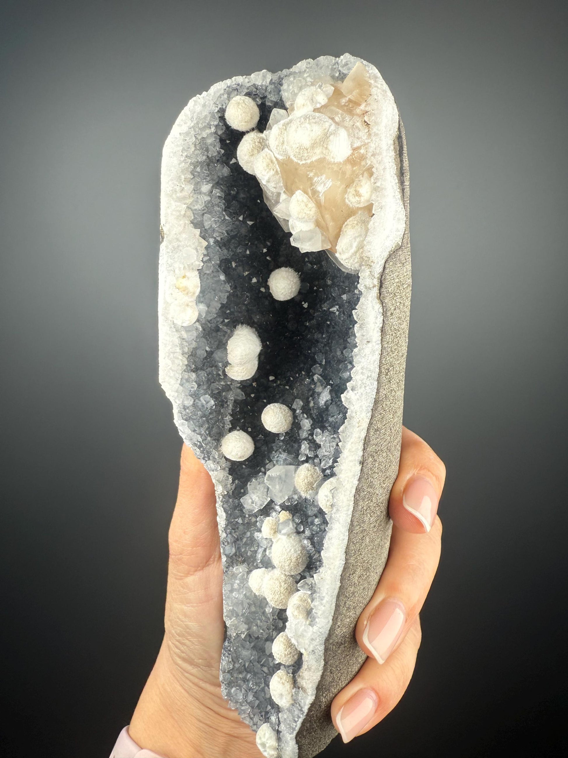 Stunning! White Okenite Balls on Crystallized Blue Chalcedony and Golden Calcite Crystal Specimen, Self-Standing Piece