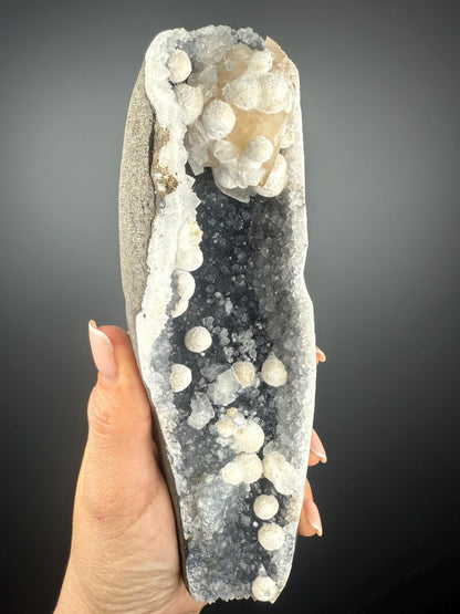 Stunning! White Okenite Balls on Crystallized Blue Chalcedony and Golden Calcite Crystal Specimen, Self-Standing Piece