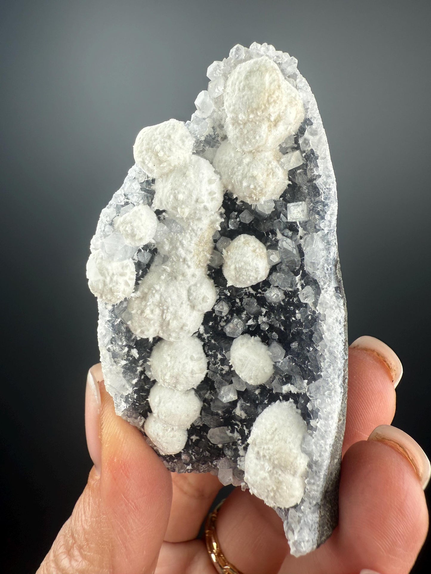 Stunning! White Okenite Balls on Crystallized Blue Chalcedony Crystal Specimen, Self-Standing Piece