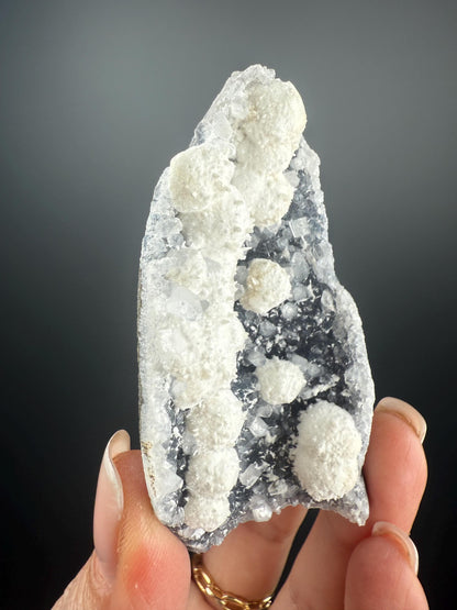 Stunning! White Okenite Balls on Crystallized Blue Chalcedony Crystal Specimen, Self-Standing Piece