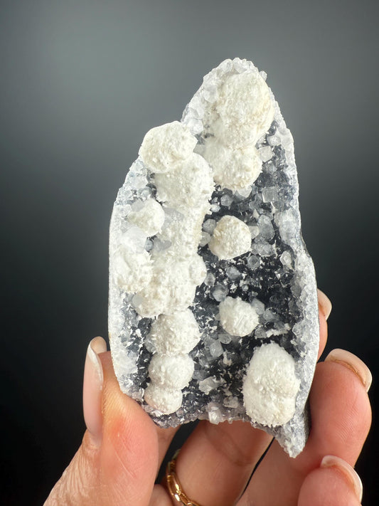 Stunning! White Okenite Balls on Crystallized Blue Chalcedony Crystal Specimen, Self-Standing Piece