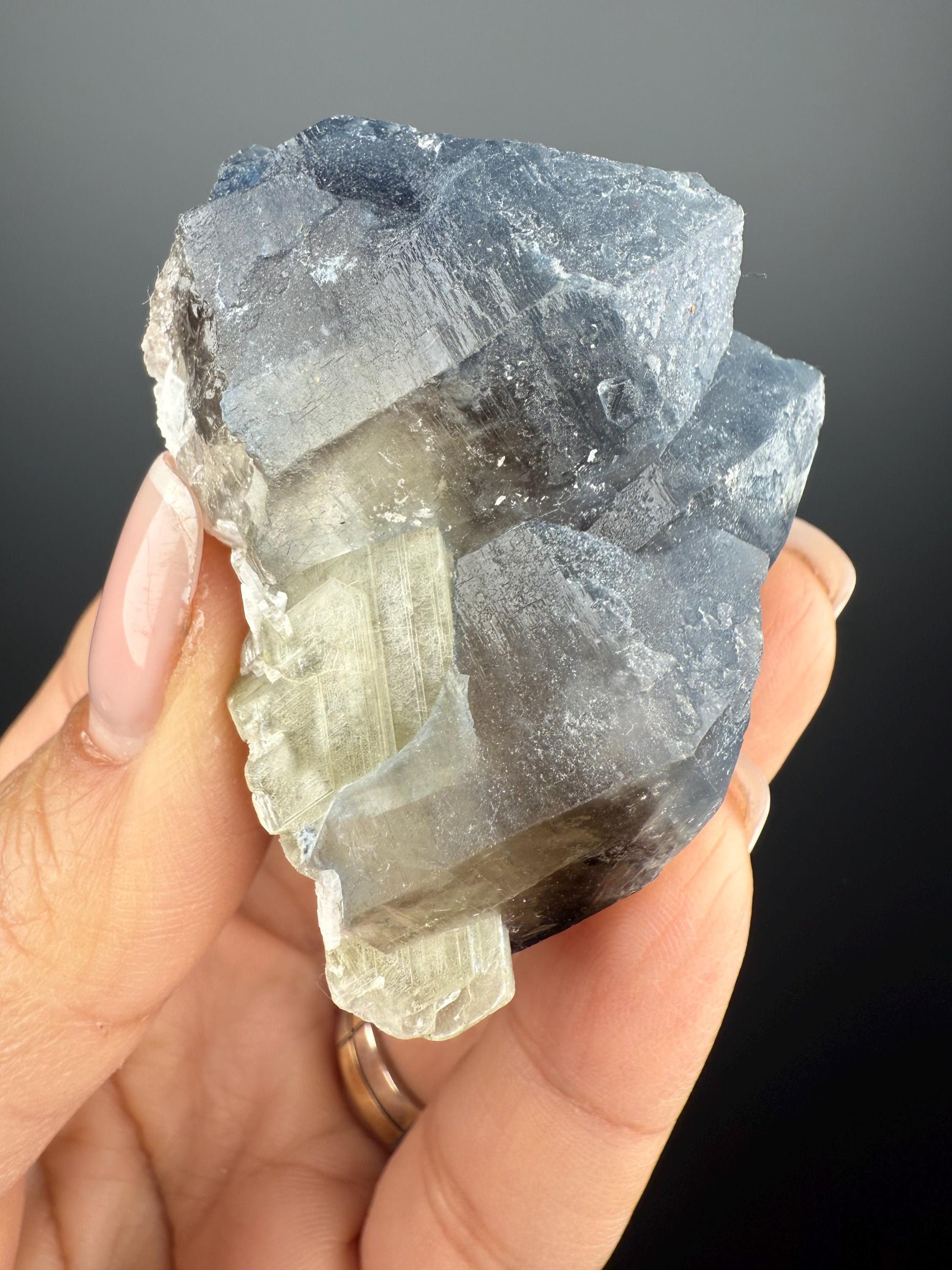 Indicolite Blue Quartz with White Cleavelandite Albite on Smoky Quartz