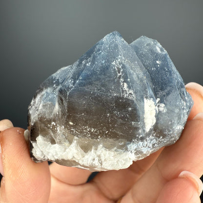 Indicolite Blue Quartz with White Cleavelandite Albite on Smoky Quartz