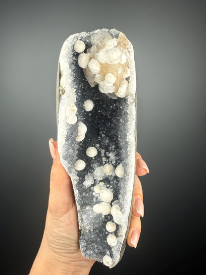 Stunning! White Okenite Balls on Crystallized Blue Chalcedony and Golden Calcite Crystal Specimen, Self-Standing Piece