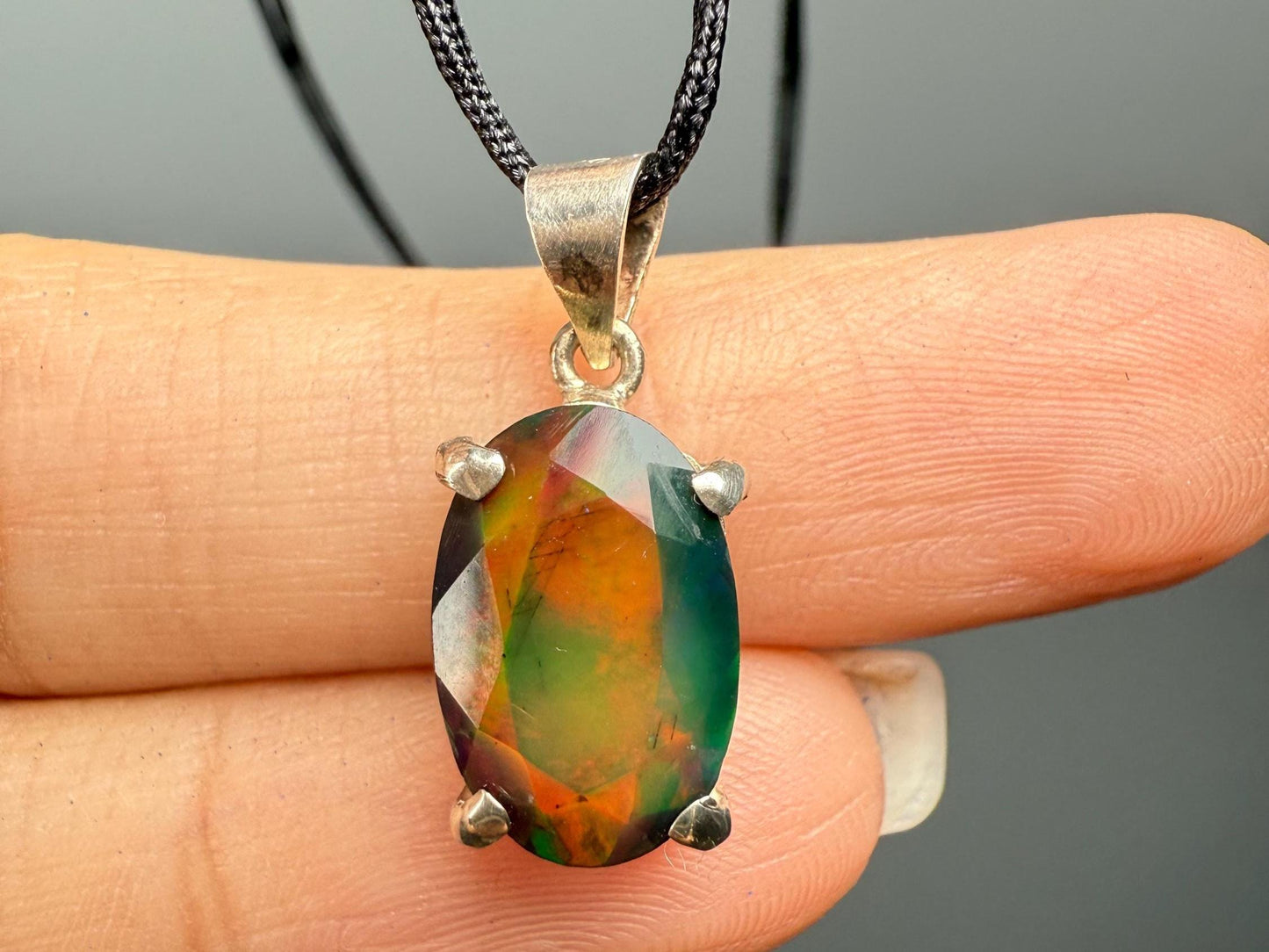 Black Fire Opal Pendant Necklace in 925 Silver, Opal crystal necklace