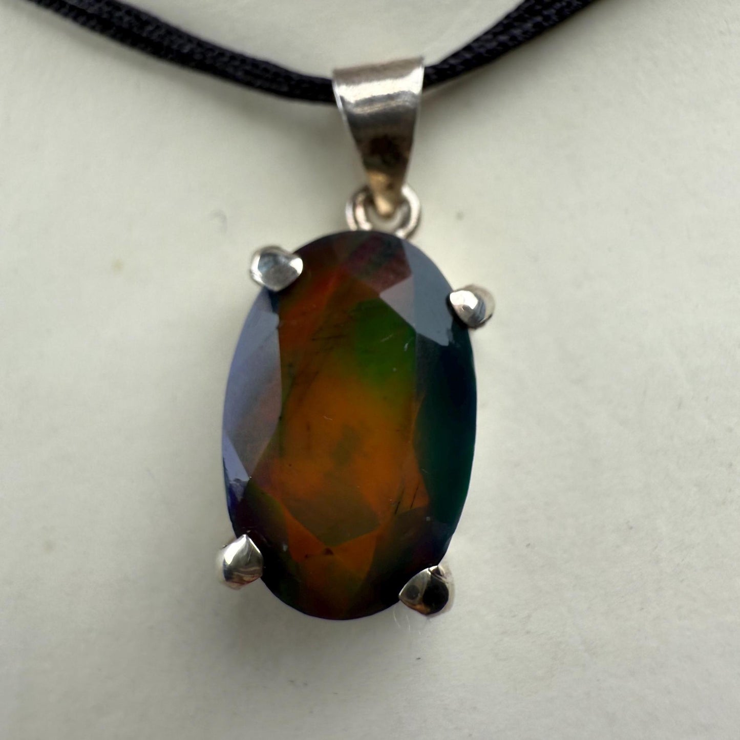 Black Fire Opal Pendant Necklace in 925 Silver, Opal crystal necklace