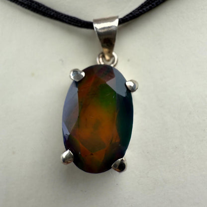 Black Fire Opal Pendant Necklace in 925 Silver, Opal crystal necklace